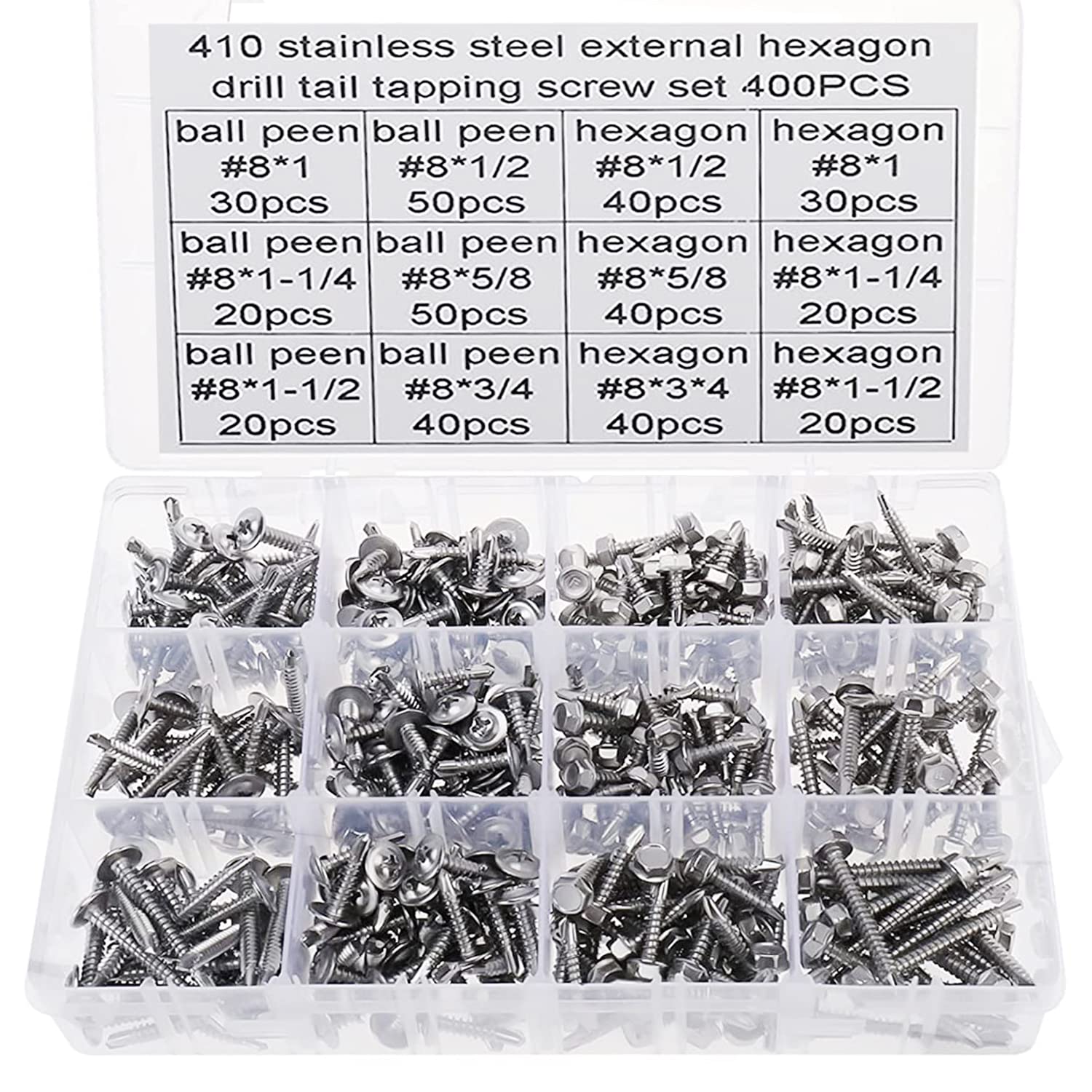 Toolly 400個 #8 x 1/2インチから1-1/2インチ セルフドリルTEKねじ 詰め合わせキット 六角ワッシャーヘッド&