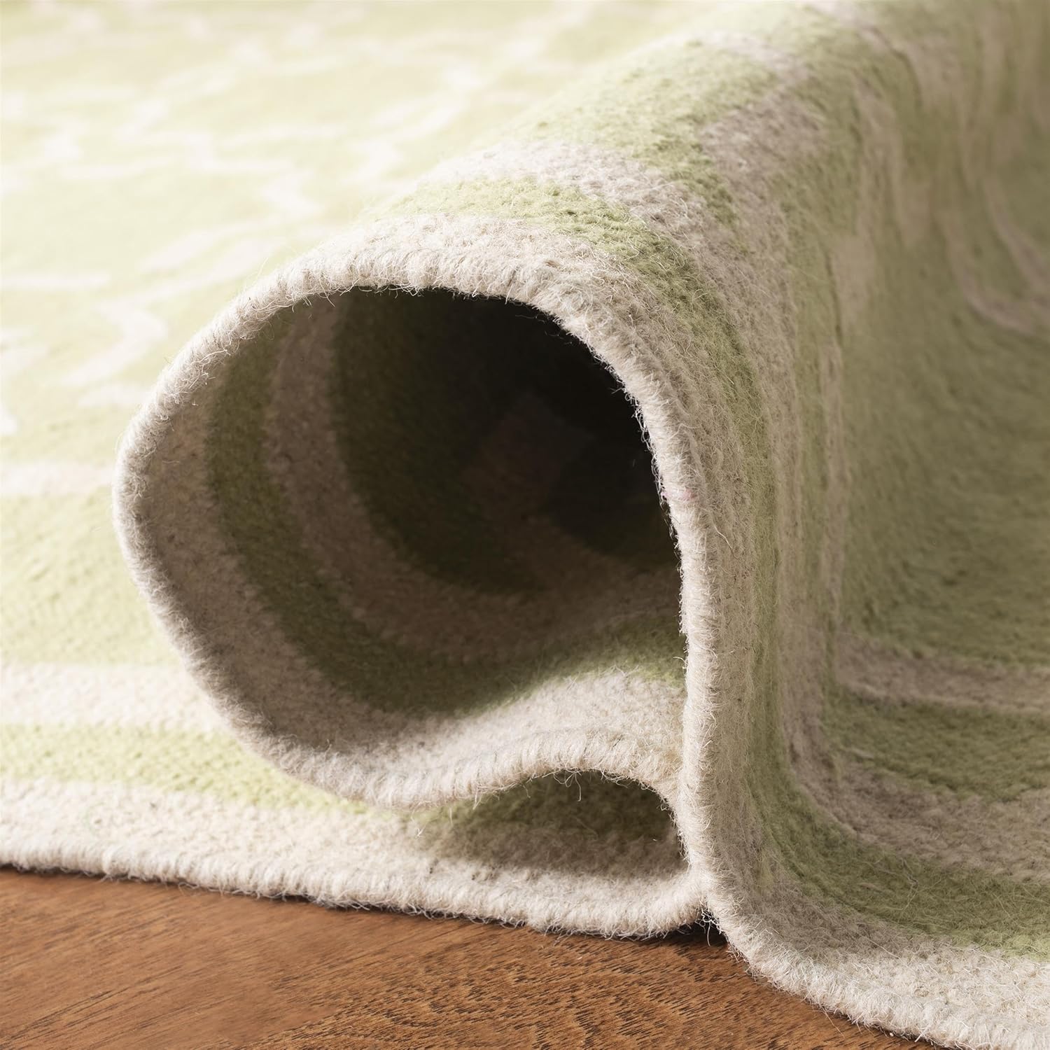 Ivory and Light Green Geometric Wool Square Rug, 6' x 6'