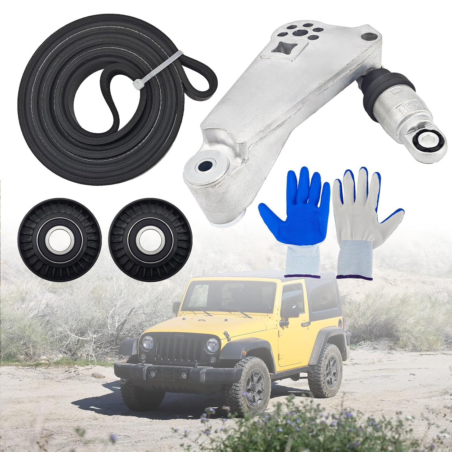 4627038AA Drive Belt Kit with Belt Tensioner & Idler Pulleys Compatible with Jeep Wrangler JK 3.6L 2012-2018，4627038AA-KIT