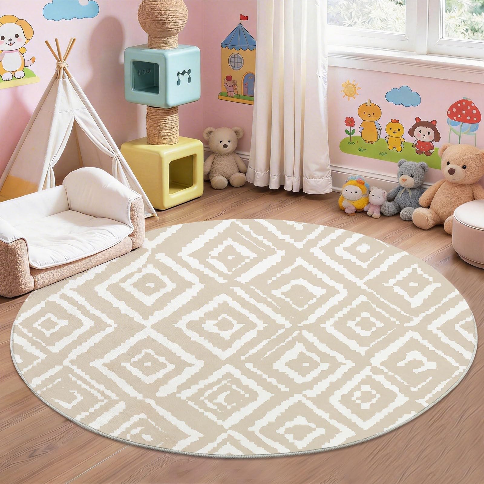 Tappeto rotondo per soggiorno, 100 cm, lavabile, morbido, antiscivolo, moderno, minimalista e neutro, per camera da letto, sala da pranzo, cameretta dei bambini, casa e ufficio, colore: beige