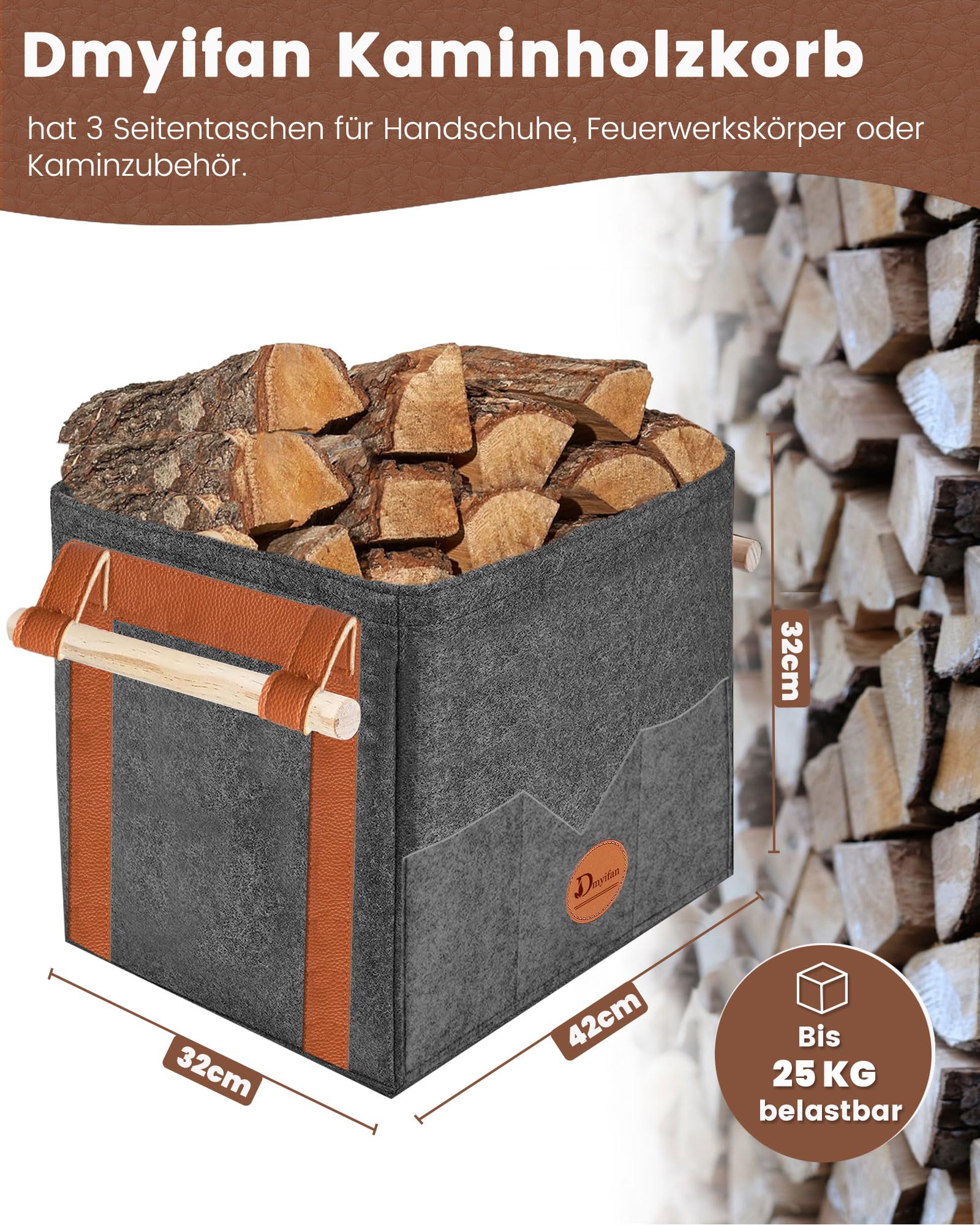 Lot De 2 Paniers à Bois En Feutre Pliables XXL - 55 X 30 X 40 Cm, Capacité 60 L - Pour Transporter Et Ranger Bois De Chauffage, Jouets, Linge - Charge Max 60 Kg - 11