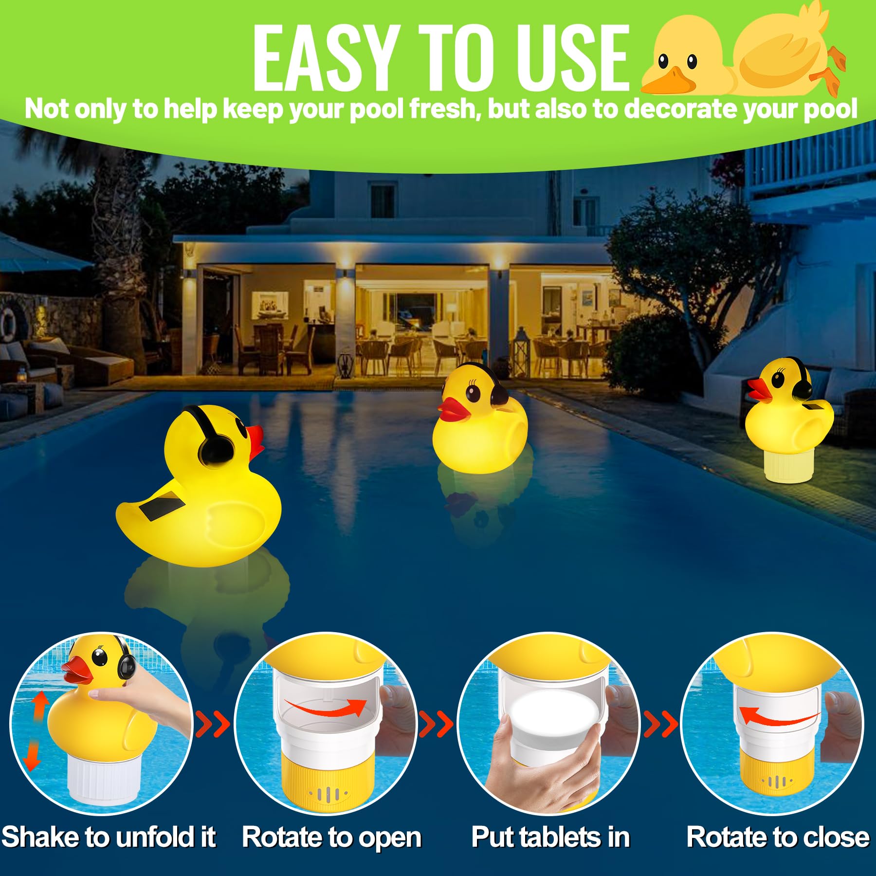 KingSom Dosierschwimmer Pool Groß, Enten Chlorschwimmer für Pool, Solar Chlor Dosierschwimmer mit LED Licht, Pool Chlor Dosierer con Einstellbarem Durchfluss,Leichtes Öffnen Schwimmender für Whirlpool