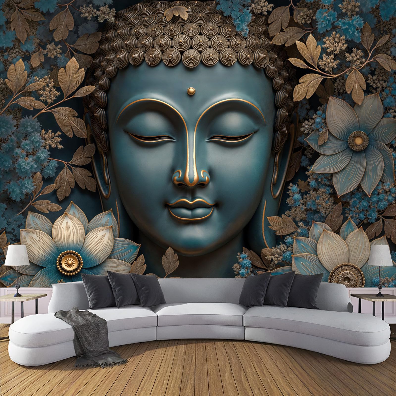 Carta Da Parati Fotografica Scultura Floreale Zen 3D Panorama Piante Bronzo, Paesaggio Lusso Per La Meditazione Carta Per Pareti Soggiorno Camera Da Letto Fotomurali In Tessuto Non Tessuto, 400X280Cm