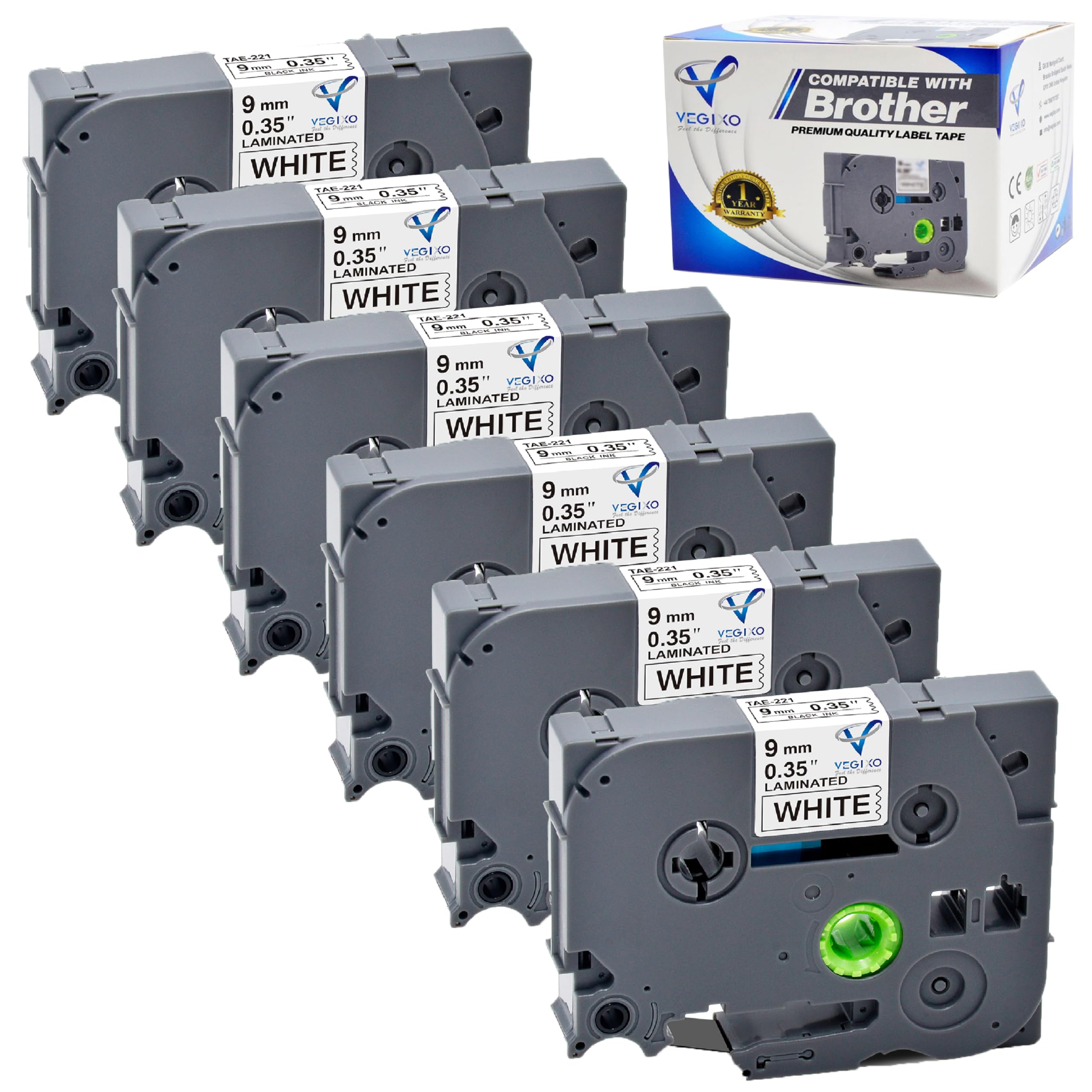 9mmX8m - Black on White Label Tape Pack of 6 -Replacement for Tze-221 & Tz-221 Brother Label Tape, Compatible with Brother P-Touch Label Maker PT- H110 PT-E110,PT- D210,PT-E500,PT-1000,PT-1090