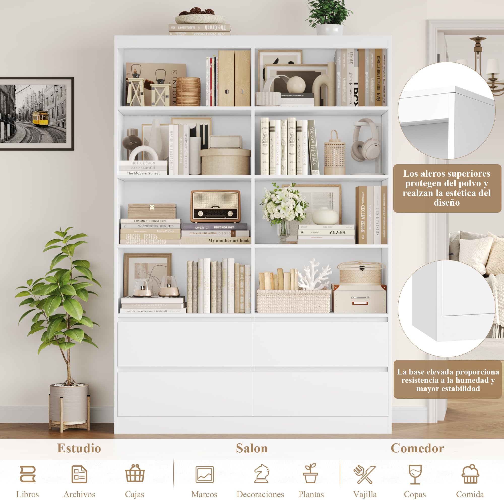 FirFurd 180cm Estantería con 4 Cajones, Estantería Libros, Librería | Estante, Mueble Almacenaje, para Oficina, Salón, Estudio, Comedor, Grande y Alta, 8 Compartimentos, 120x30x180cm