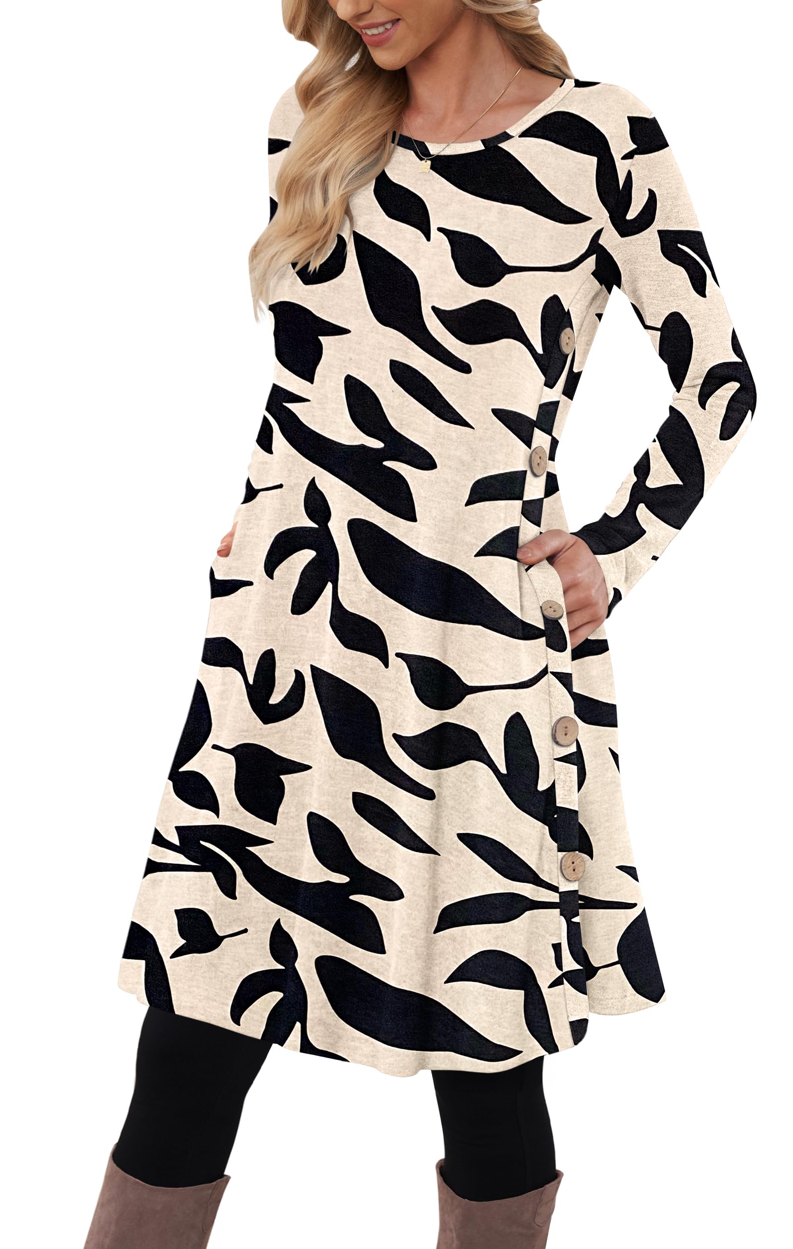 MOLERANI Jumper Dress for Women Long Sleeve Dress Ladies Button TunicDress with Pockets Apricot Black Leaf Size 20-22 XL