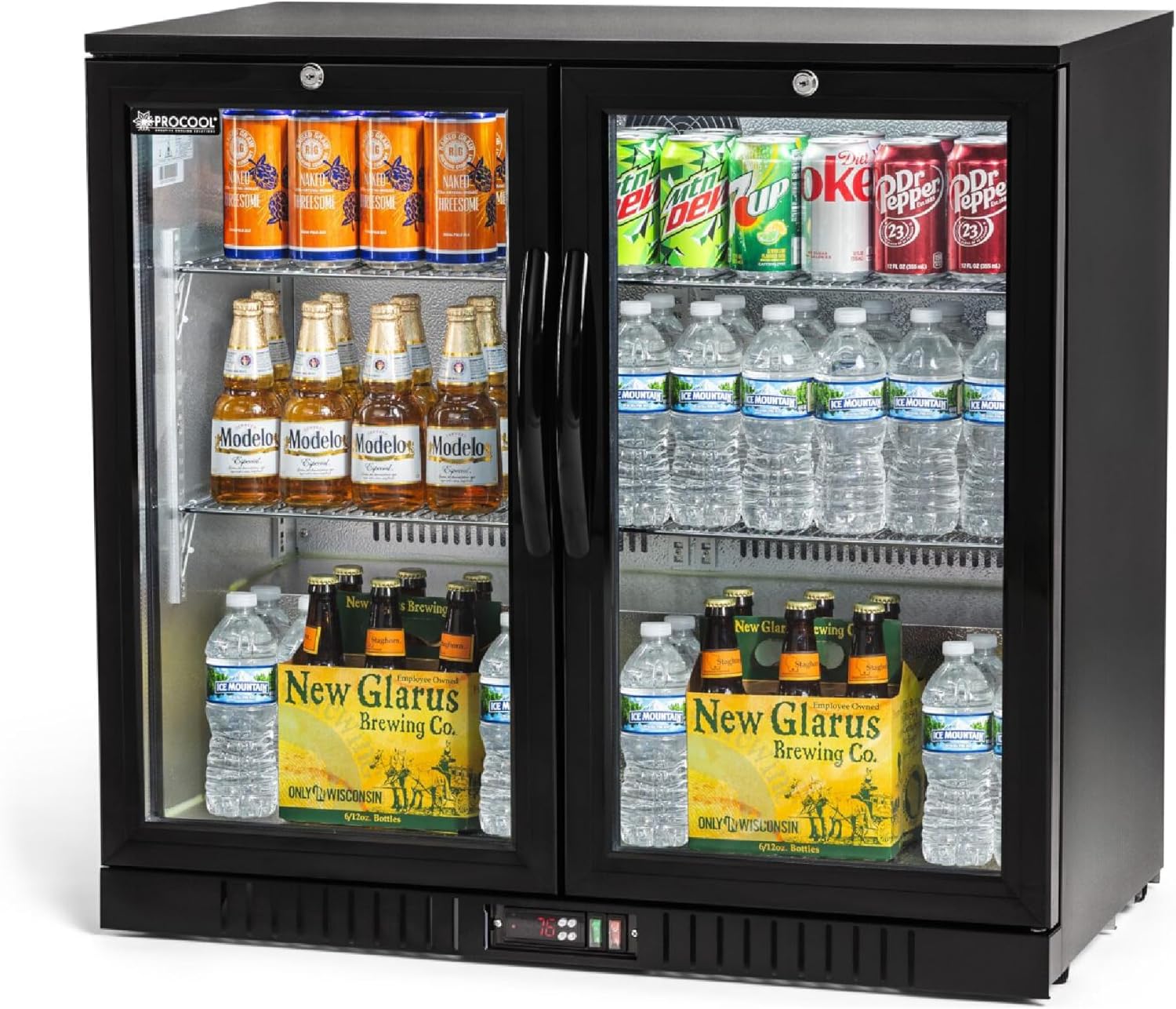 Procool 2-Door Undercounter Refrigerator - 33” Tall Energy Efficient Black Beverage Cooler With Glass Doors & White LED Lights - Residential Beverage Refrigerator For Entertaining Spaces & Home Bars