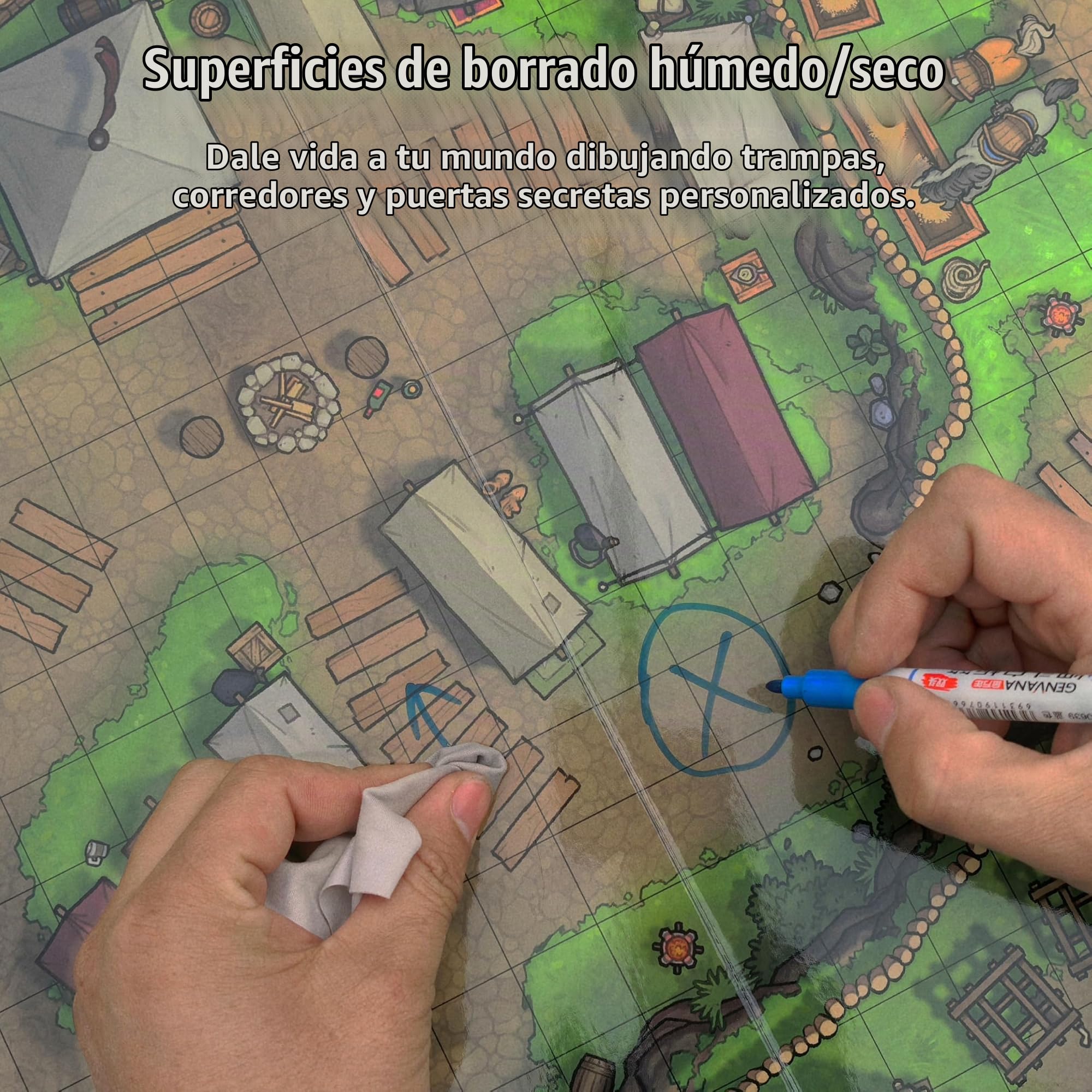 DND - Libro de mapas de batalla – 39 alfombrillas reutilizables de borrado en seco/húmedo con más de 200 calcomanías de paisaje, cuadrícula de 1 pulgada y encuadernación plana – Kit portátil de