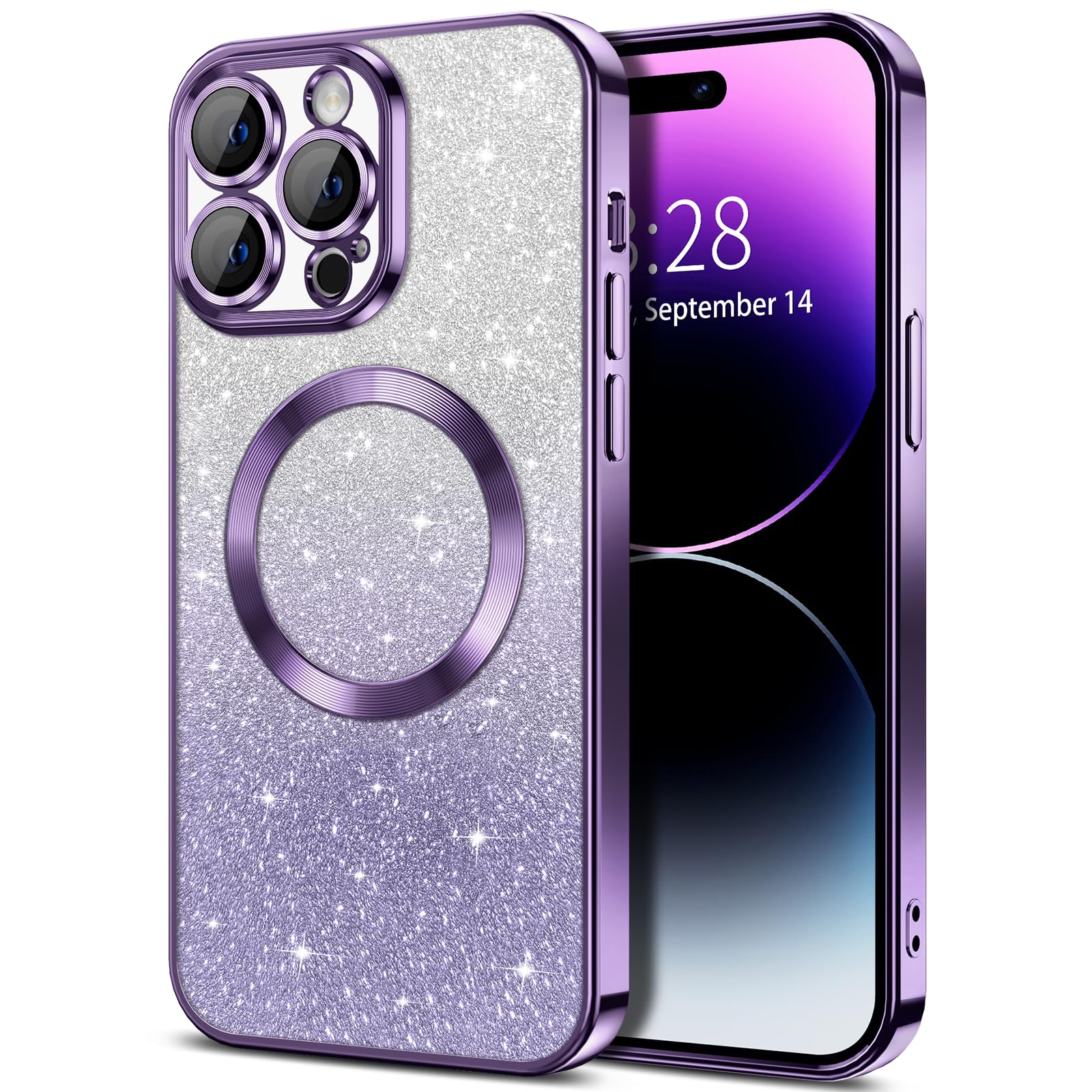 Hython for iPhone 14 Pro Case Clear Magnetic Glitter Phone Cases [Compatible with MagSafe] Full Camera Lens Protector Slim Gradient Sparkle Luxury Plating Shockproof Protective Cover Women, Purple