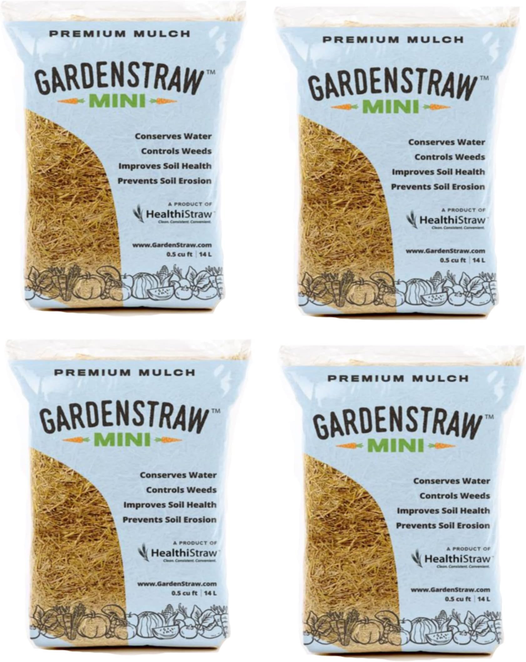 GardenStraw Mini, 0.5 cu ft (4 Pk) All-Natural Mulch for Gardens, Vegetables, Lawn Seeding - Water-Conserving, Weed-Suppressing Wheat Straw - Sustainably Sourced, Thoroughly Clean