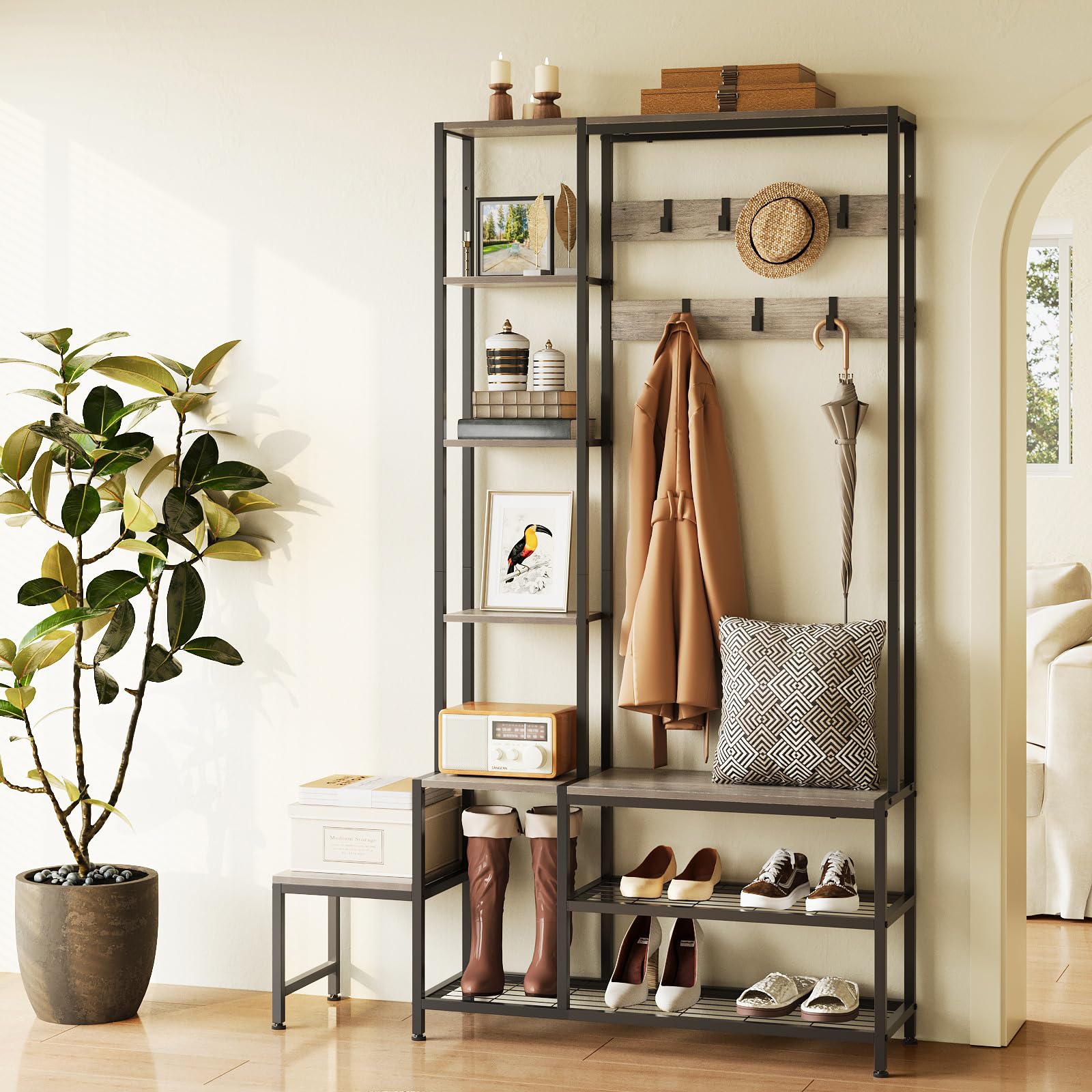 Hall Tree with Shoe Storage Bench Coat Rack with 7 Hooks Interchangeable 4 Tier Side Storage Shelves Small Cute Side Bench Industrial 5-in-1 Entryway Coat Rack for Hallway Mudroom Bedroom