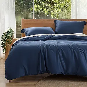 Bedsure Silky Cooling Duvet Cover Queen Size - 100% Rayon Derived from Bamboo Comforter Cover Set for Hot Sleepers, Breathable & Moisture-Wicking Bedding Set, Navy