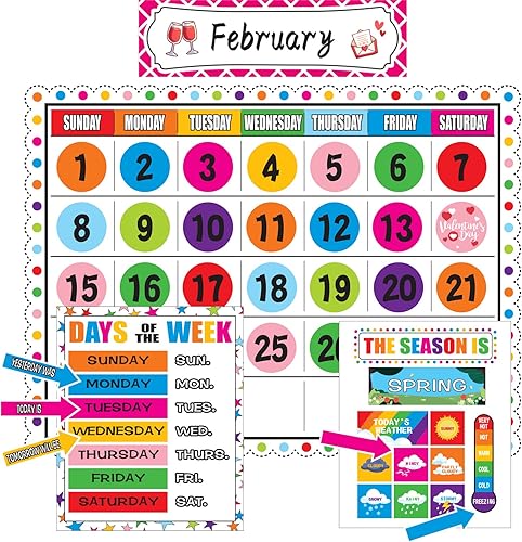 Juego de tablones de anuncios con calendario colorido, calendario de estaciones, tabla de clima, tablón de anuncios CTP y decoración de aula con