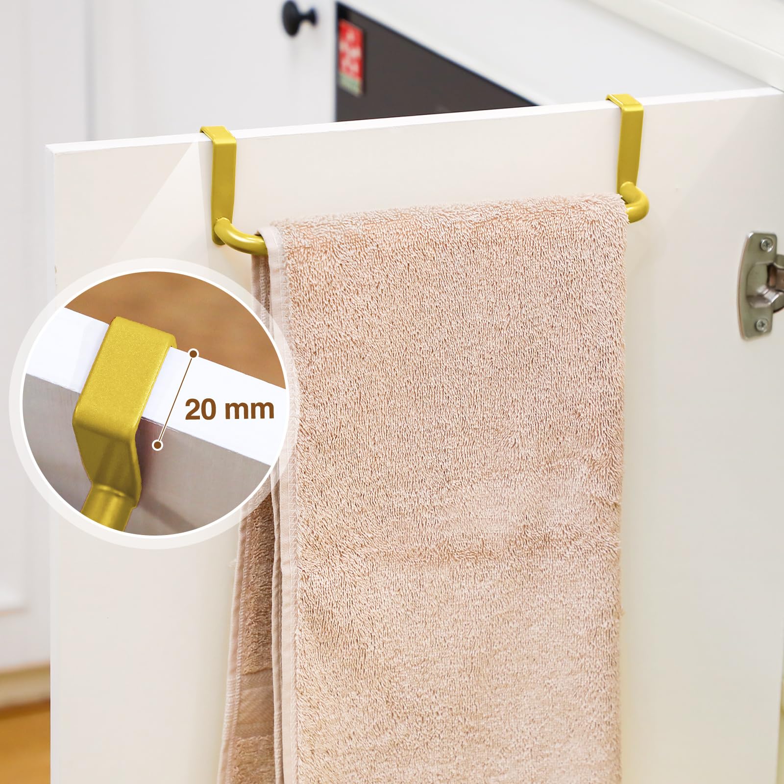 2 Pieces Metal Towel Bar Kitchen Cabinet Towel Rack Strong Steel Towel Bar Rack for Hanging on Inside or Outside of Doors, Home Kitchen Bathroom, Hand Towels, Dish Towels and Tea Towels (Gold) 3