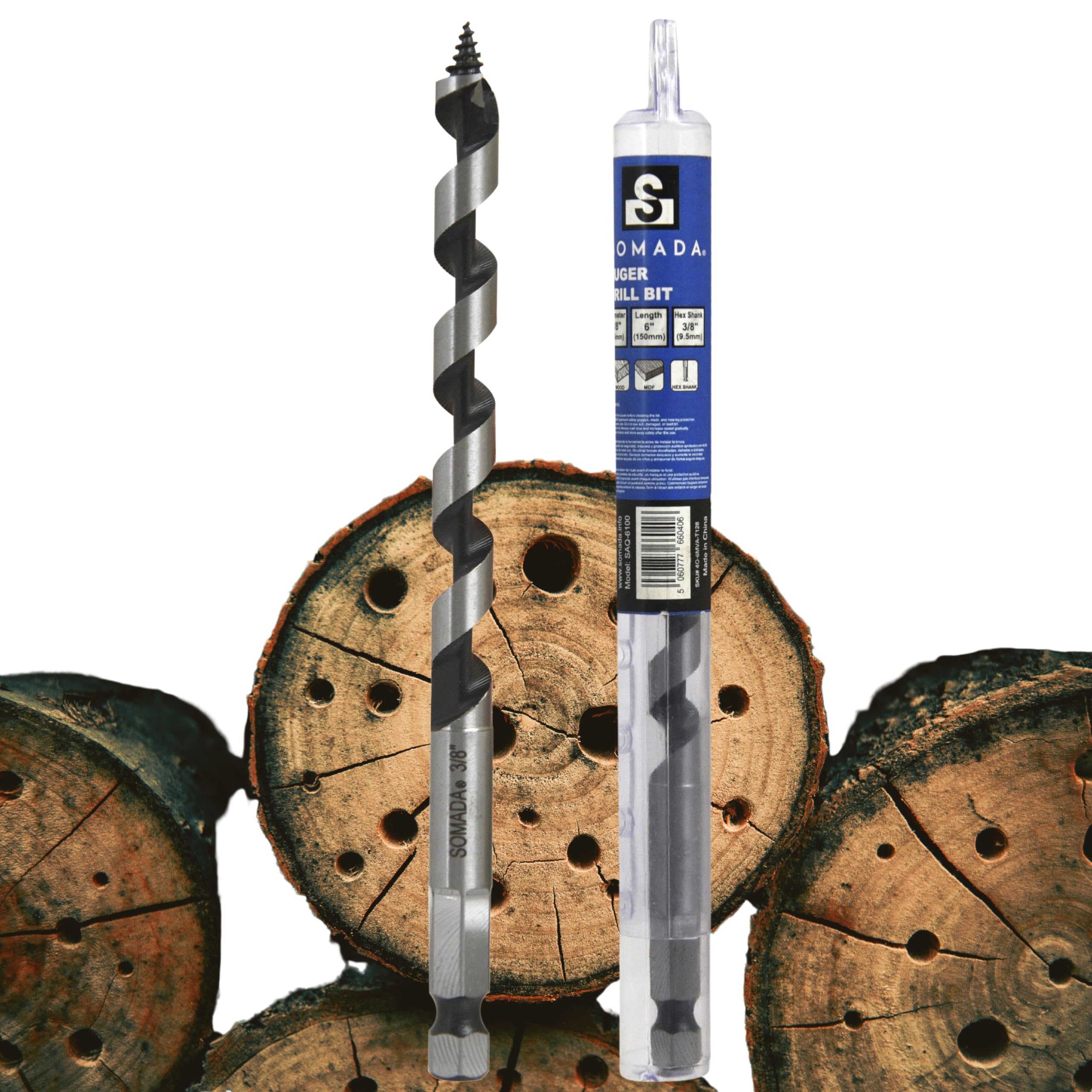 SOMADA 3/8-Inch x 6-Inch Auger Drill Bit for Wood, Quick Change Hex Shank 3/8-Inch, Ship Auger Long Drill Bit for Soft and Hard Wood, Plastic, Drywall