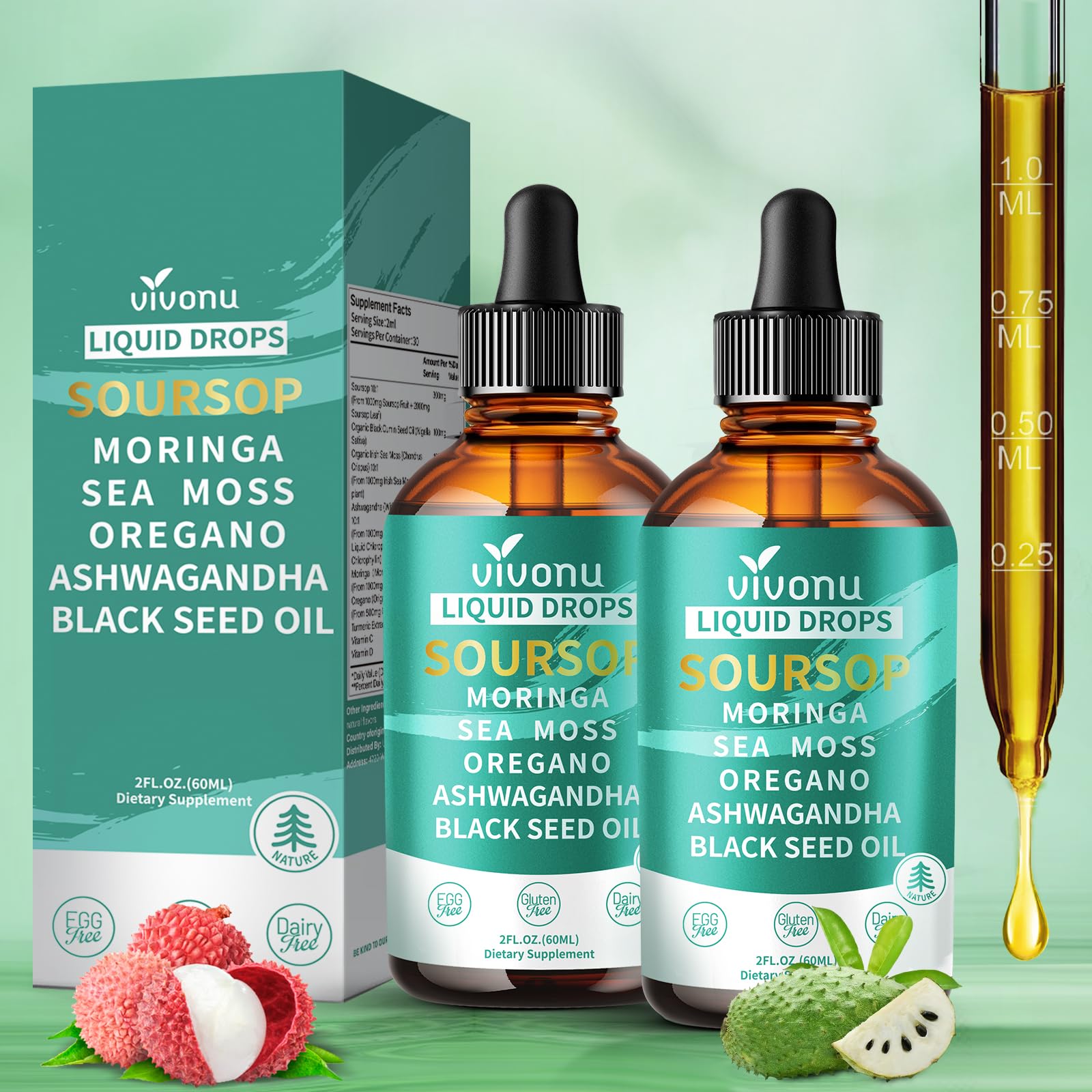Soursop Bitters Liquid Drops 3000mg, 10-in-1 Soursop Drops with Ashwagandha, Black Seed Oil, Moringa, See Moss for Natural Antioxidant, Cell Support &amp; Regeneration, Immune Boost, Rich In Vitamin D&amp; C