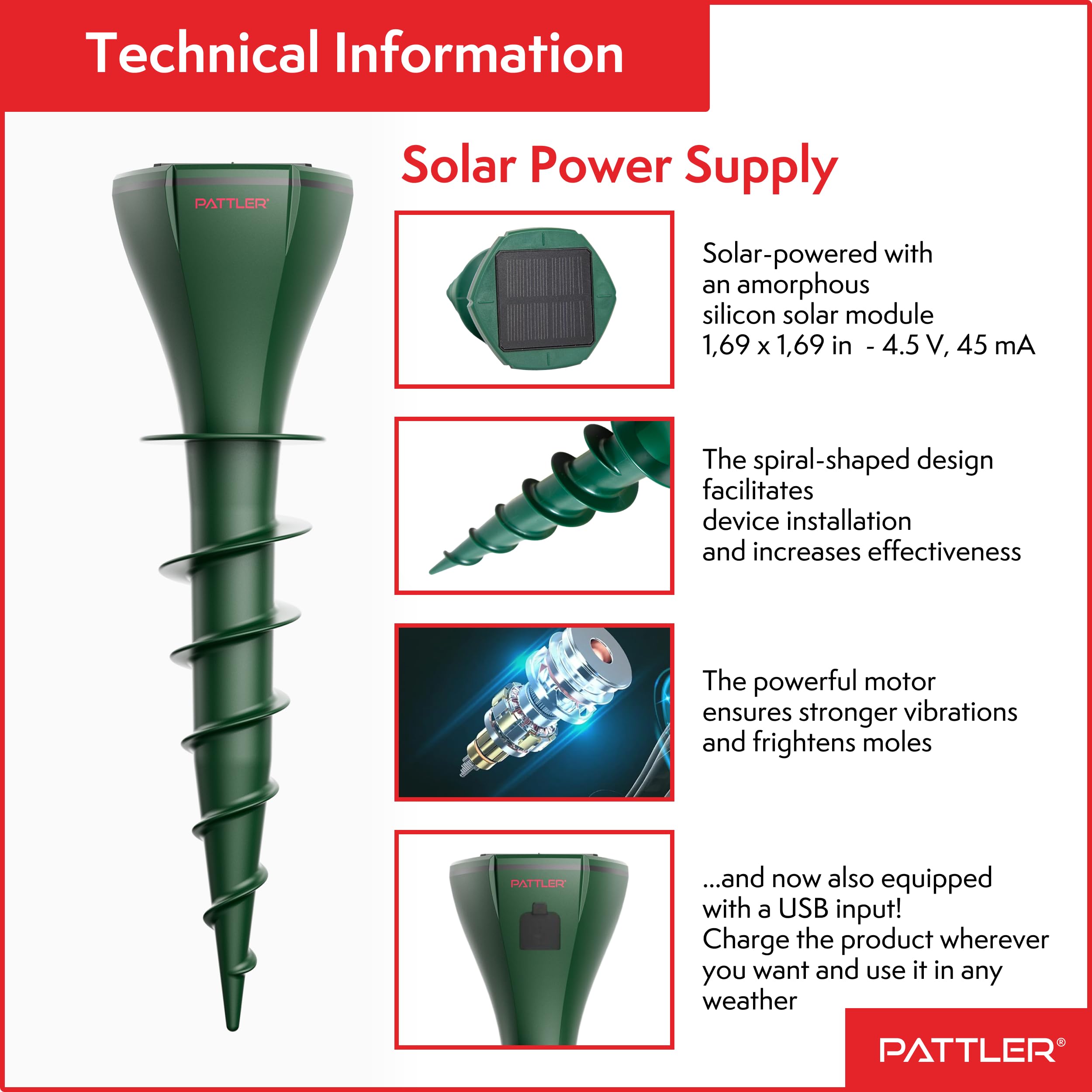 PATTLER® Mole Repeller Set of 2, Effective Mole Repel on Approx. 800 m², Flexible Use Thanks to Solar Panel - Image 3