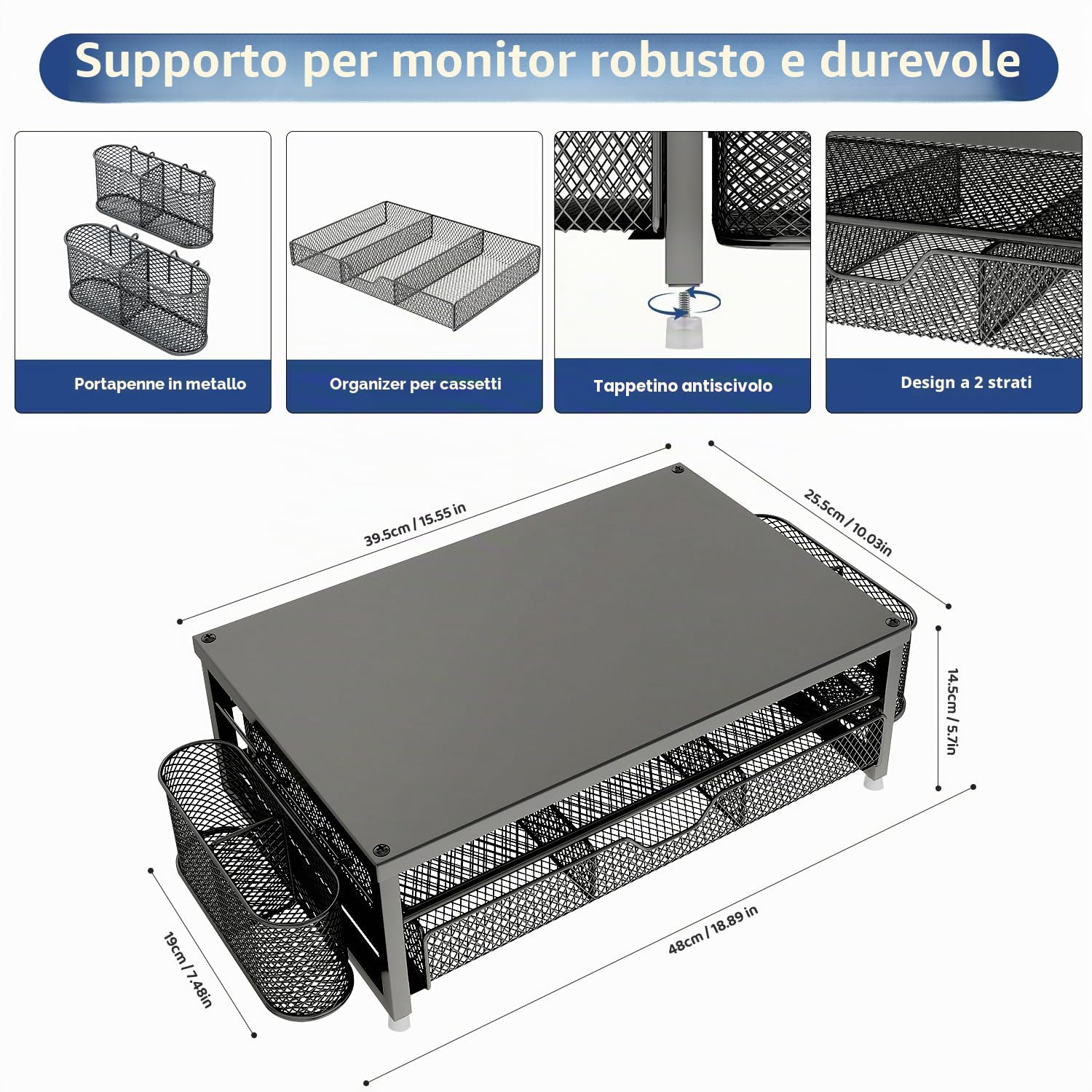 Supporto per monitor in metallo, per scrivania da ufficio con mensola, organizer per ufficio, organizer da scrivania con cassetto e portapenne, supporto per computer a 2 livelli, per iMac, PS4, PC