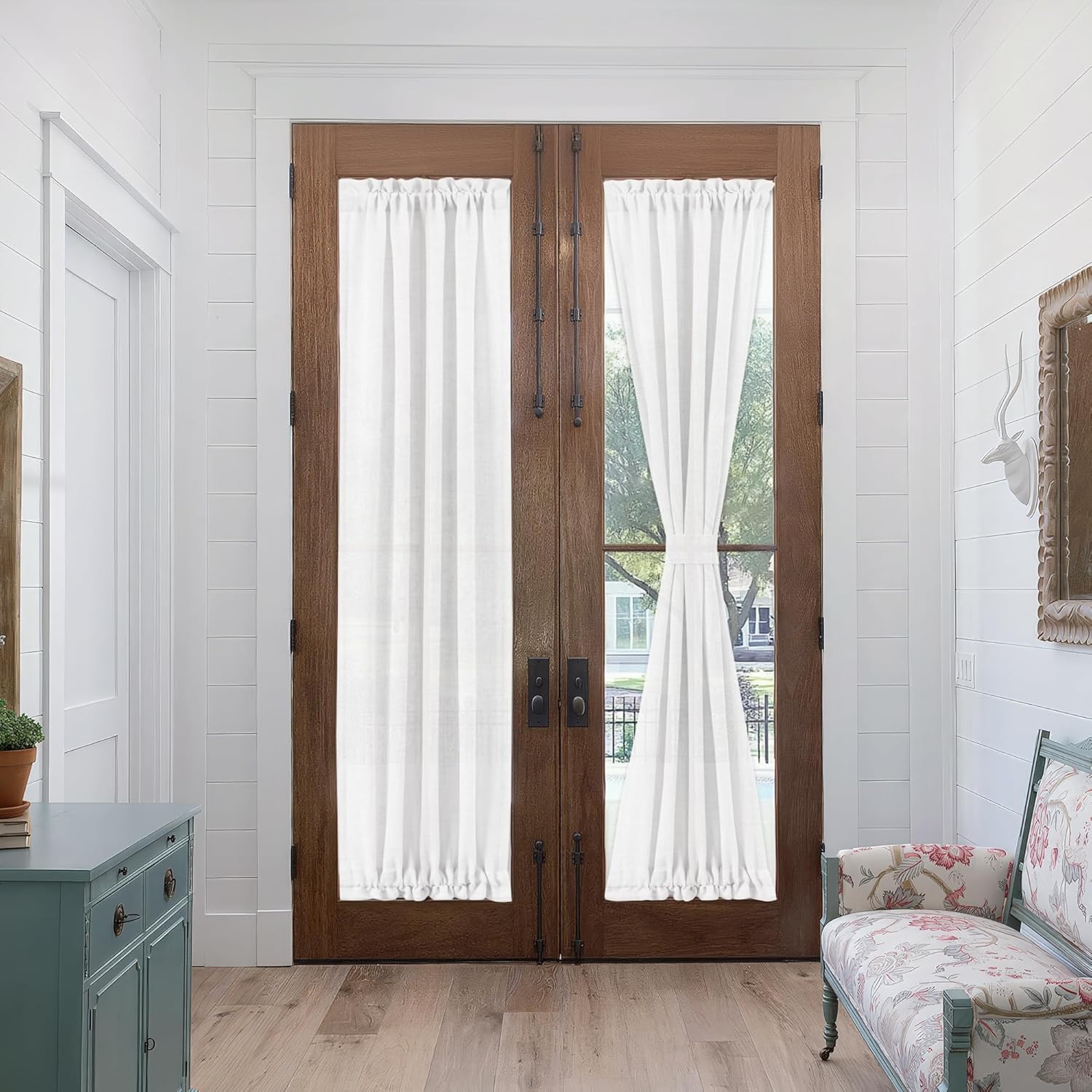 FMFUNCTEX Linen French Door Curtain Panels 72 Inches Long, White Flax Linen Window Draperies for Front Sliding Glass Doors Tiebacks for Glass Door Patio Windows, Rod Pocket 1 Panels