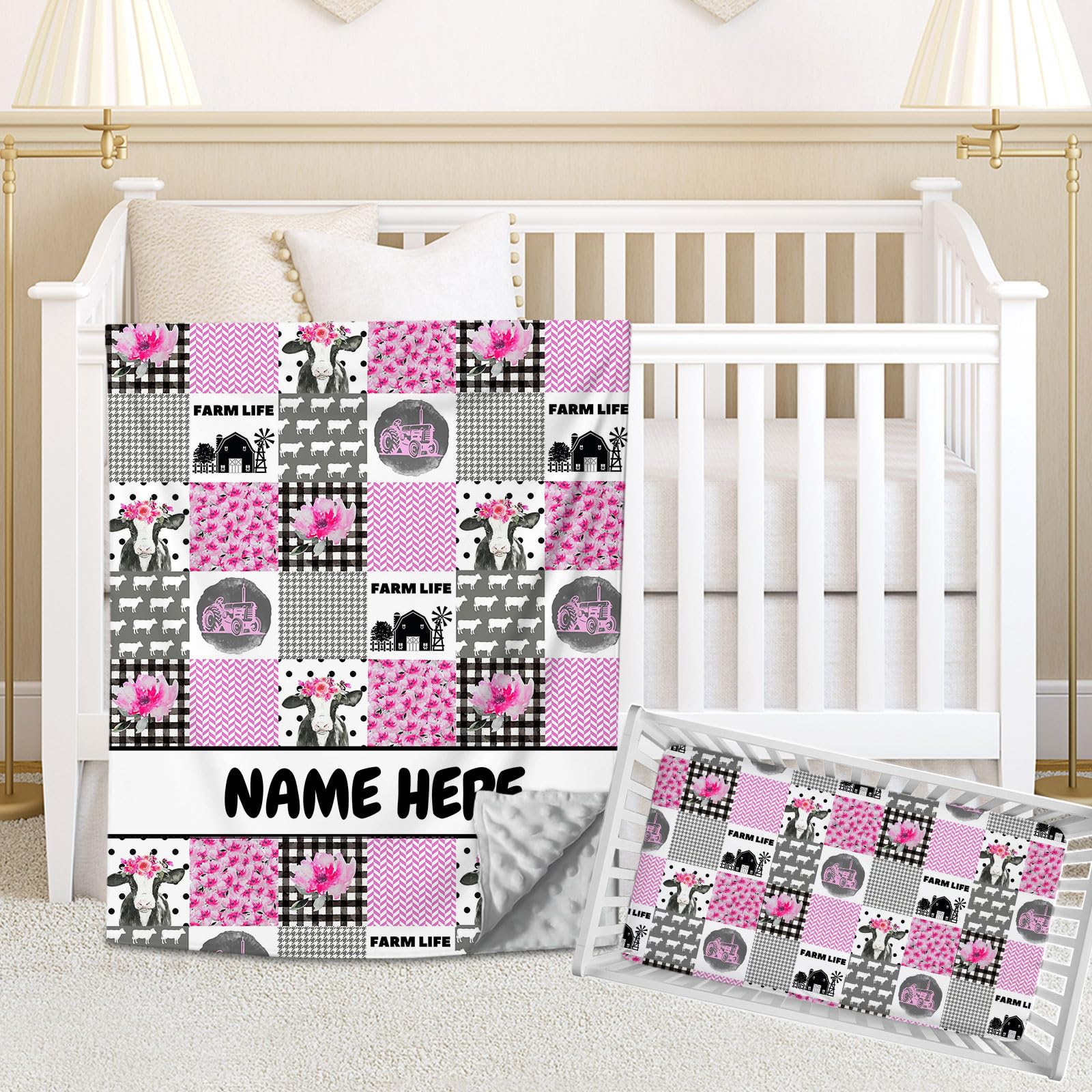 Personalized Farm Theme Baby Girl Bedding - Custom Crib Comforter & Fitted Sheet, Name Embroidery, Cow Nursery Theme, 2 Piece Set