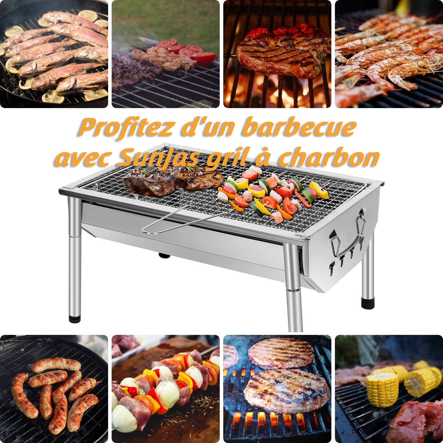 Barbecue Charbon de Bois INOX Ajustable Barbecue Démontable en Acier Portable BBQ Exterieur Grille sur Pied pour Jardin Pique-Nique Camping