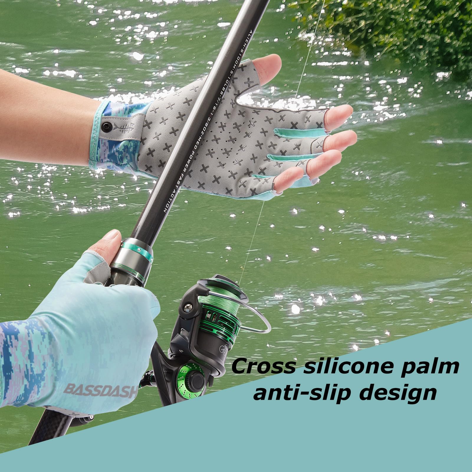 BASSDASH Guantes de sol de 3/4 dedos UPF 50+, transpirables, antideslizantes, palma de silicona para hombres y mujeres, pesca, ciclismo, correr