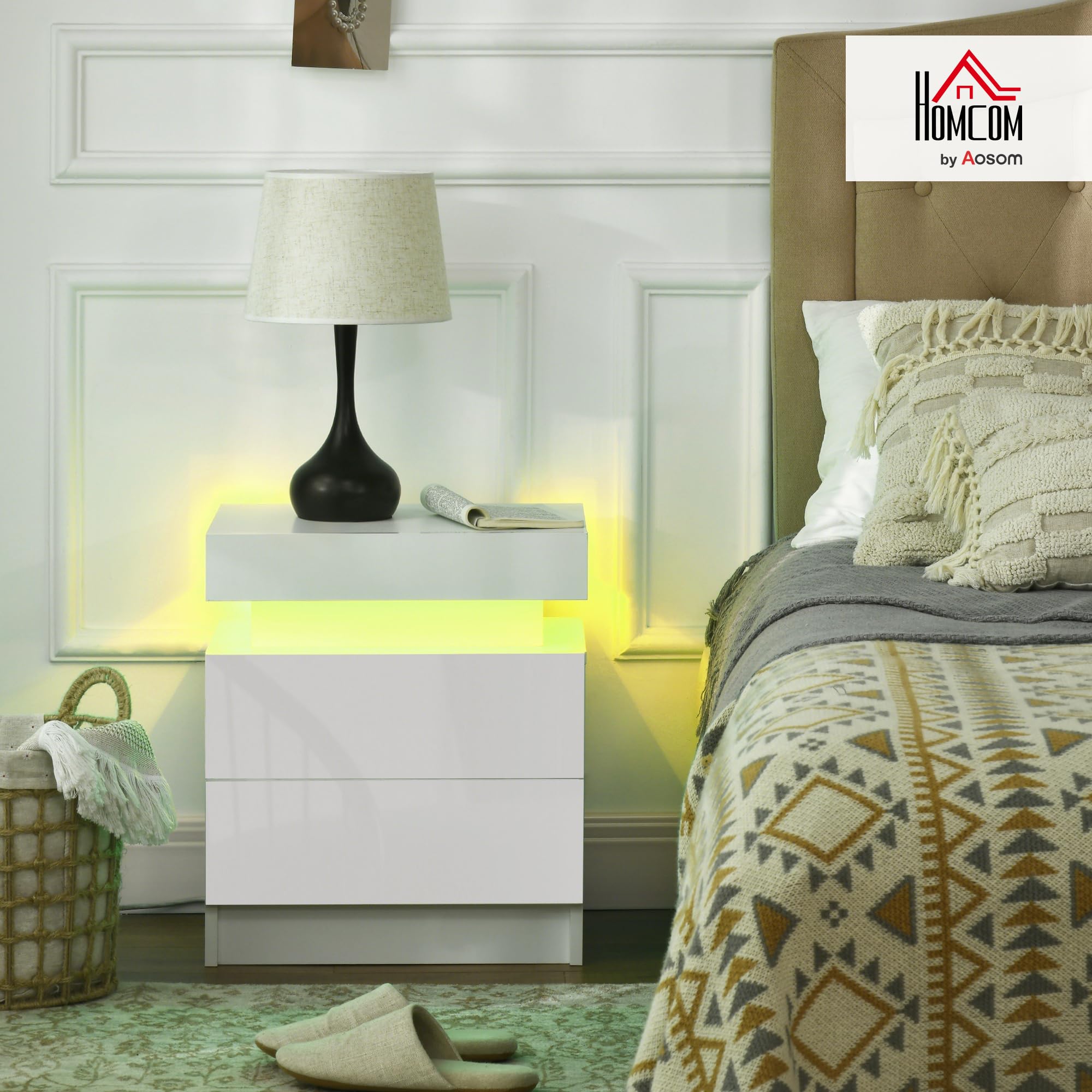 HOMCOM Comodino Camera da Letto LED 2 Cassetti 45x35x52 cm Bianco Lucido