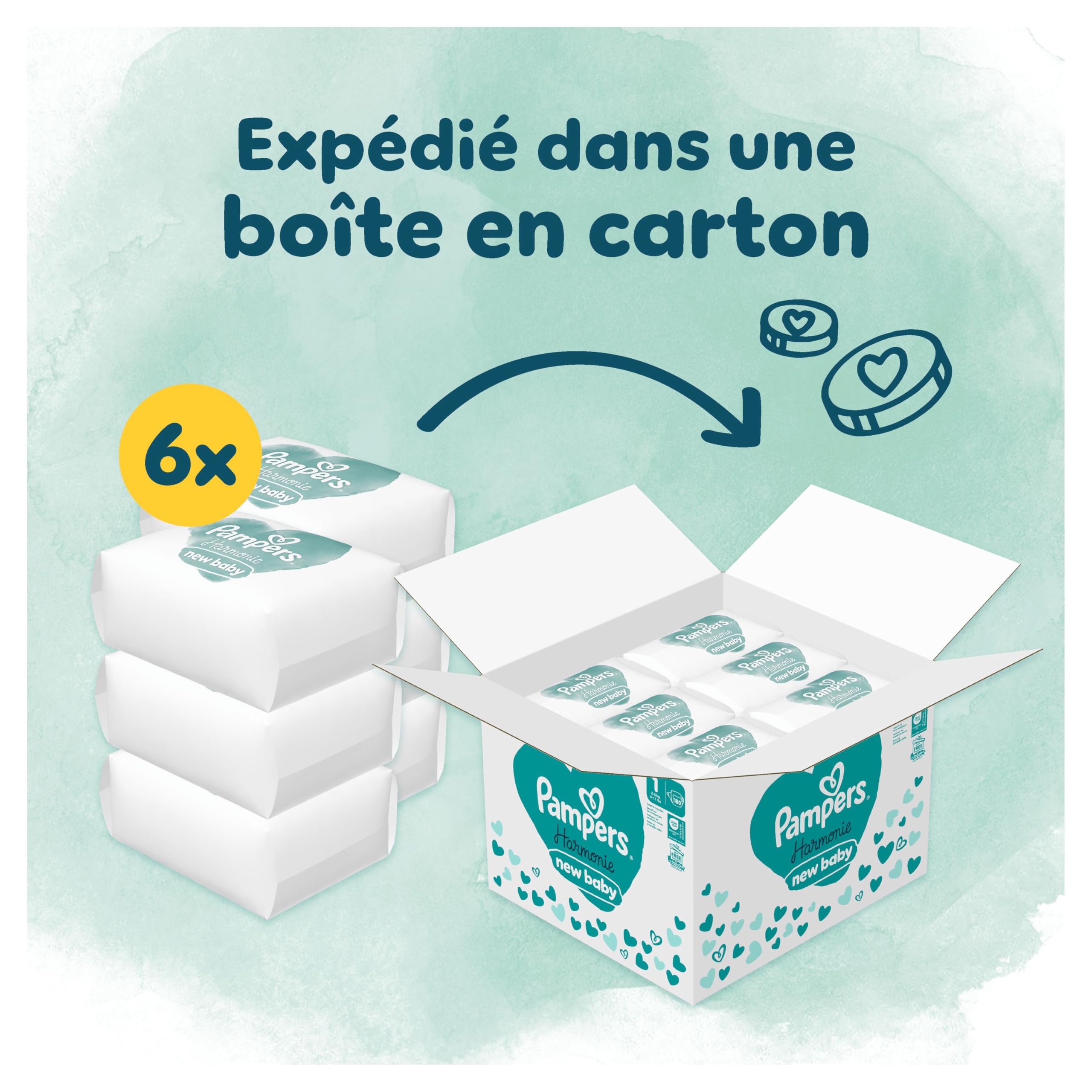 Pampers Harmonie, Taille 1, 180 Couches, 2-5kg, Protection Douce Pour La Peau Avec 100% D’Absorption Pampers, Pack 1 Mois