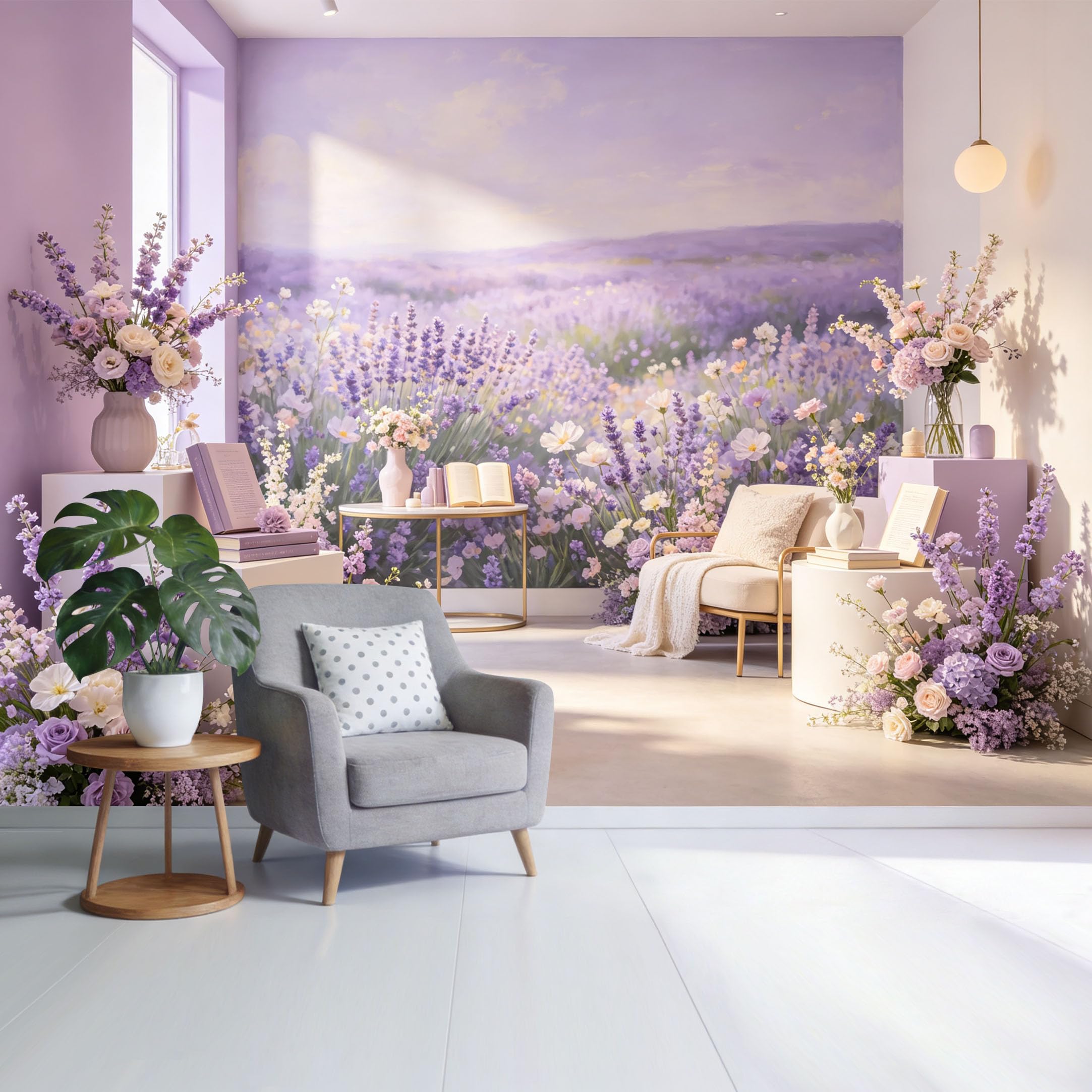 Custom Size Wall Mural Lavender Field Bloom Pastel Floral Landscape Watercolor Style SelfAdhesive Wall Fabric Removable Wallpaper for Home Office Decor