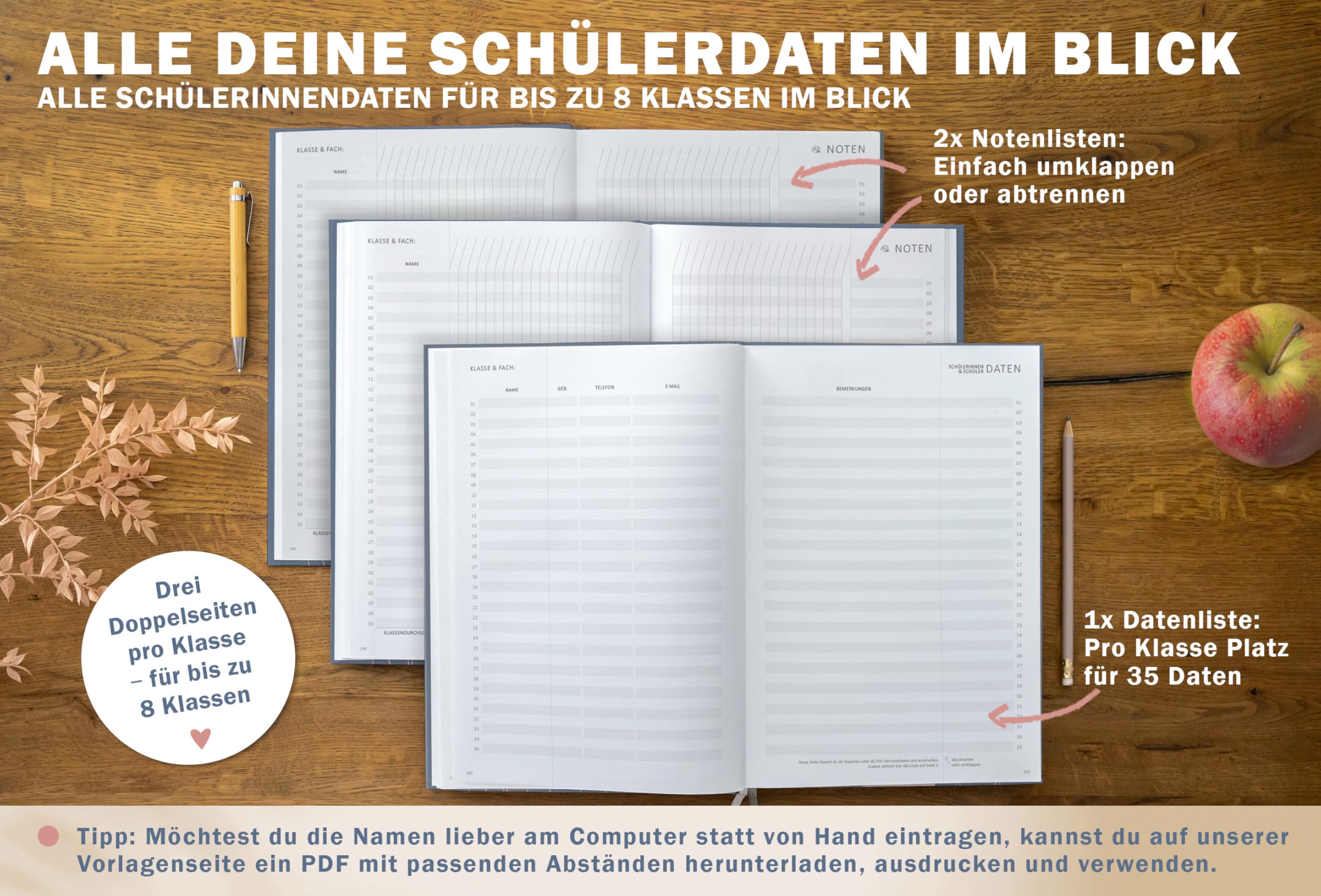 Eine der Guten Lehrerkalender 2026/2027 A4 Hardcover – Lehrerplaner Schuljahr 2026 2027 | 2 Lesebänder, Notenlisten & Klassenlisten | nachhaltig, FSC-Papier, klimaneutral | Blau Rosa Blumen