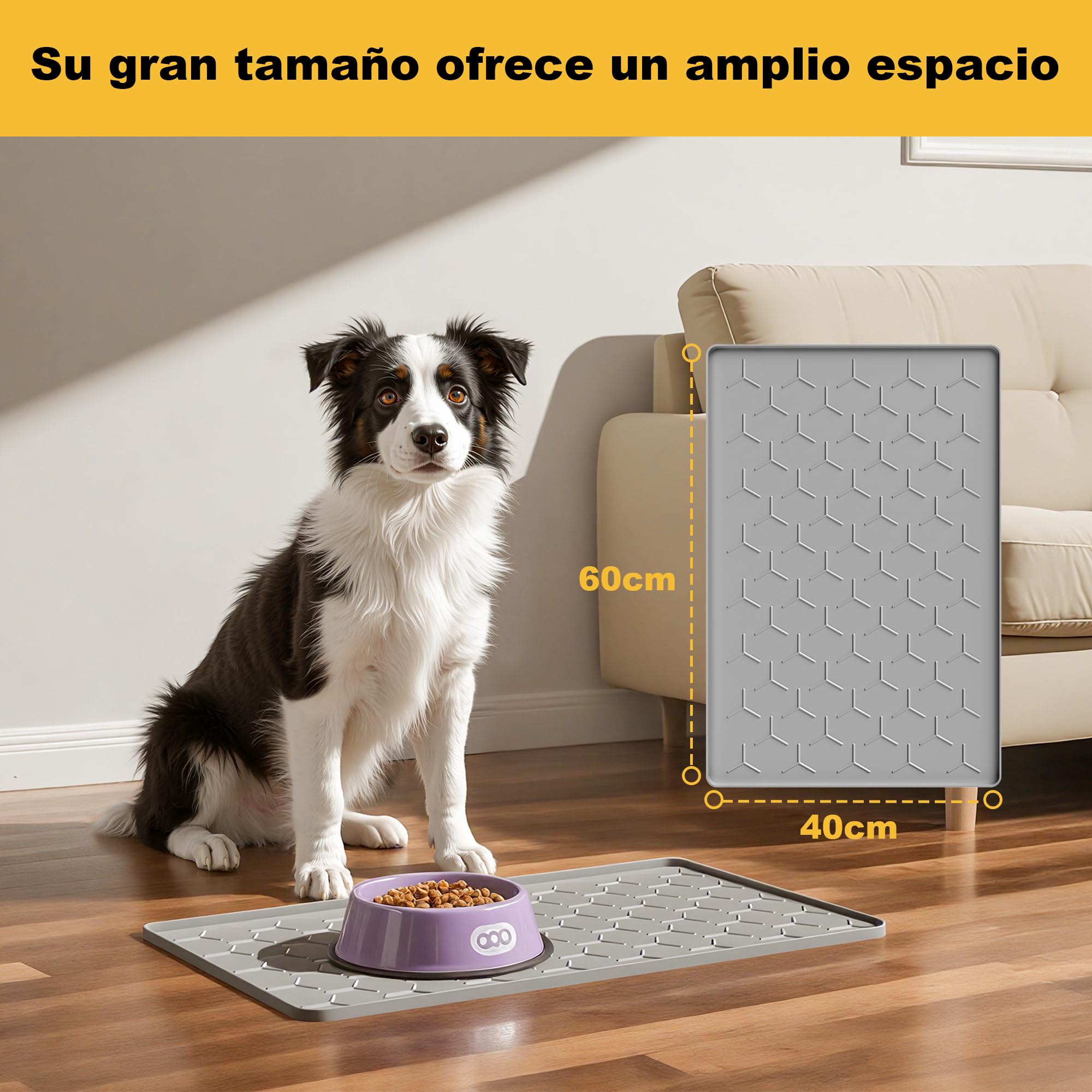 Pieviev Alfombra Comedero de Perros y Gatos 40x60 cm, Alfombrilla para Cuenco de Silicona, Material Apto para Uso Alimentario, Impermeable y Antideslizante, Gris Claro