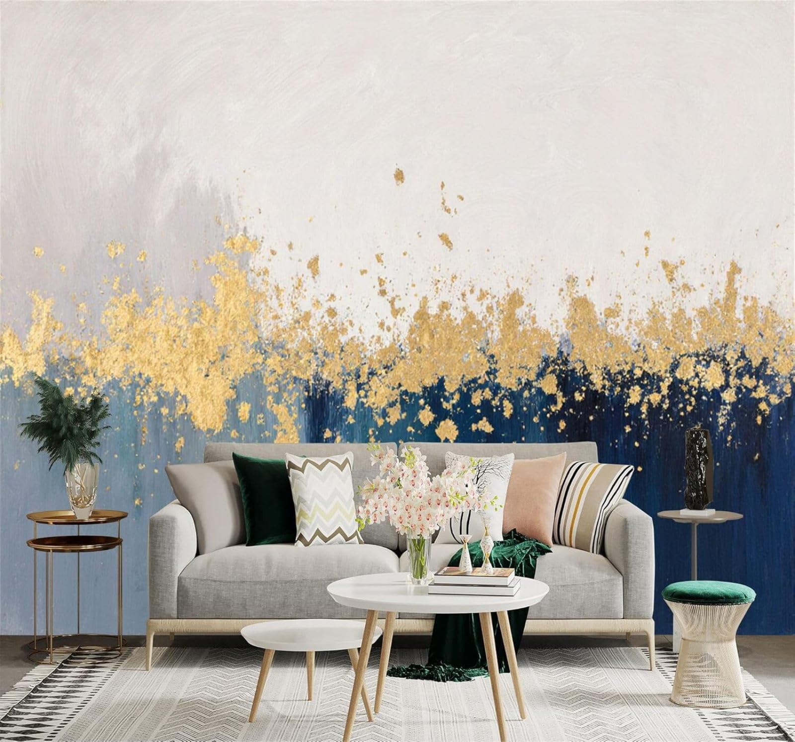 3D Papel Pintado Abstracto Azul Y Dorado Lujoso Pintura Con Degradado Arte