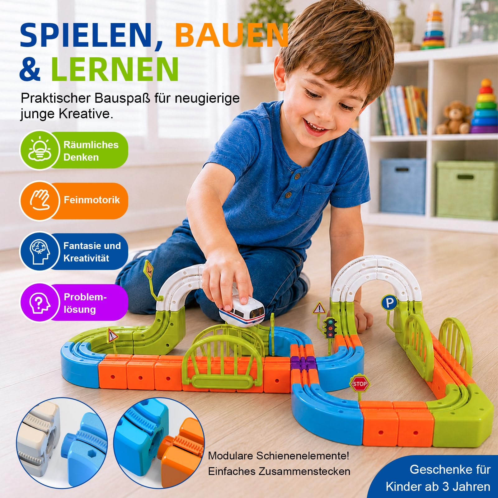 145 PCS Eisenbahn Elektrisch Cube Track, 3D Schwerkrafttrotzendes Zug Set, DIY Zugstrecken Spielzeug, STEM Lernspielzeug & Geschenkidee für Kinder 3–8 Jahre, Kreatives Bauen Spielzeug