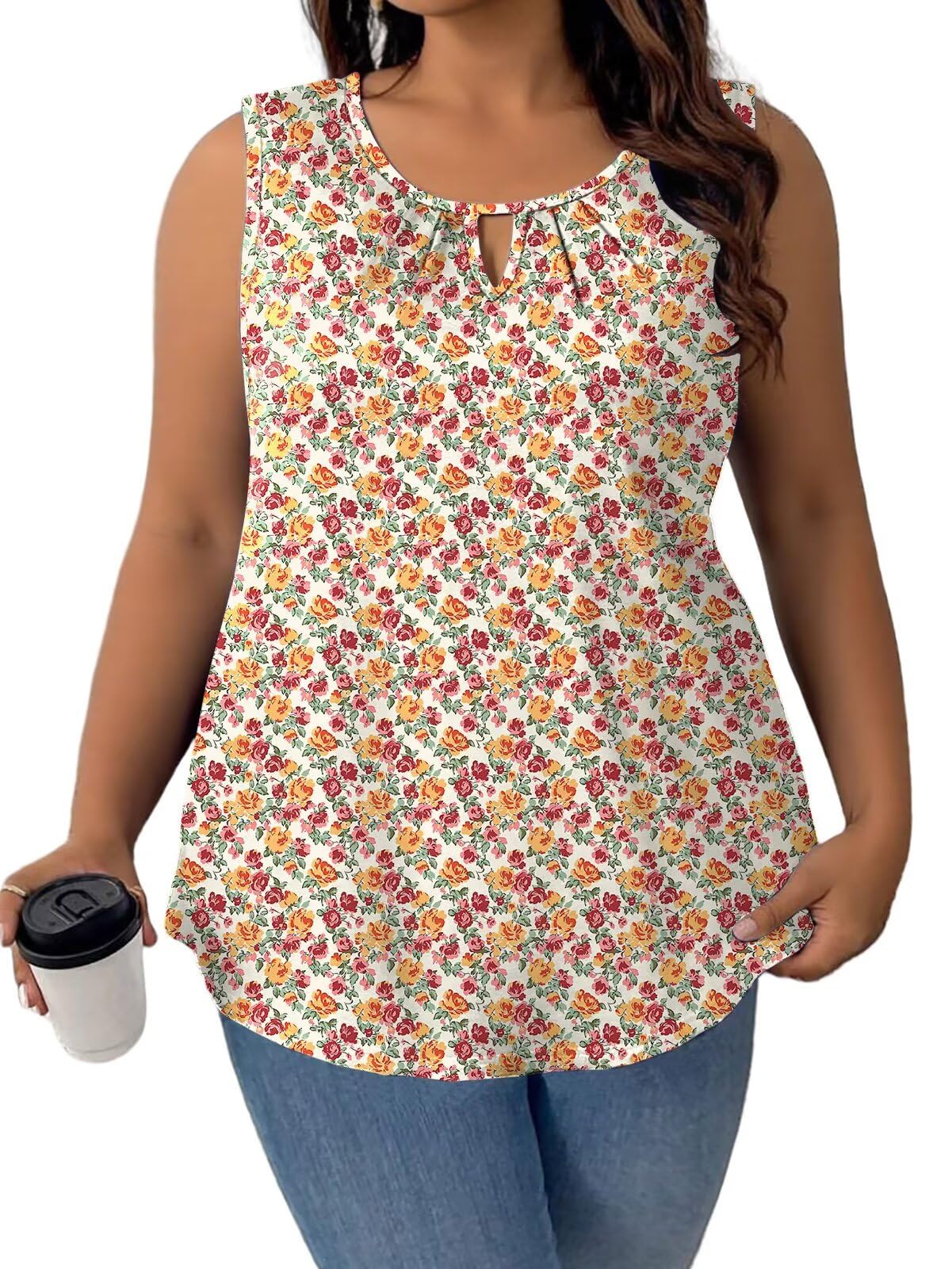 DOLNINE Plus Size Tank Tops for Women Summer Dressy Casual Sleeveless Blouses Loose Fit Keyhole Pleated Crewneck Work Shirts