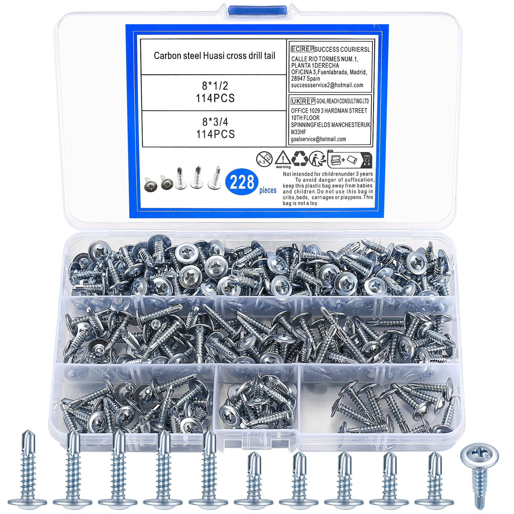 Self Tapping Screws, Round Head Flat Head Self Drilling Screws, Metal Drywall Sheet Metal Screwss White, Carbon Steel, 8x3/4(M4.2 * 19), 8x1/2(M4.2 * 13), 228pcs