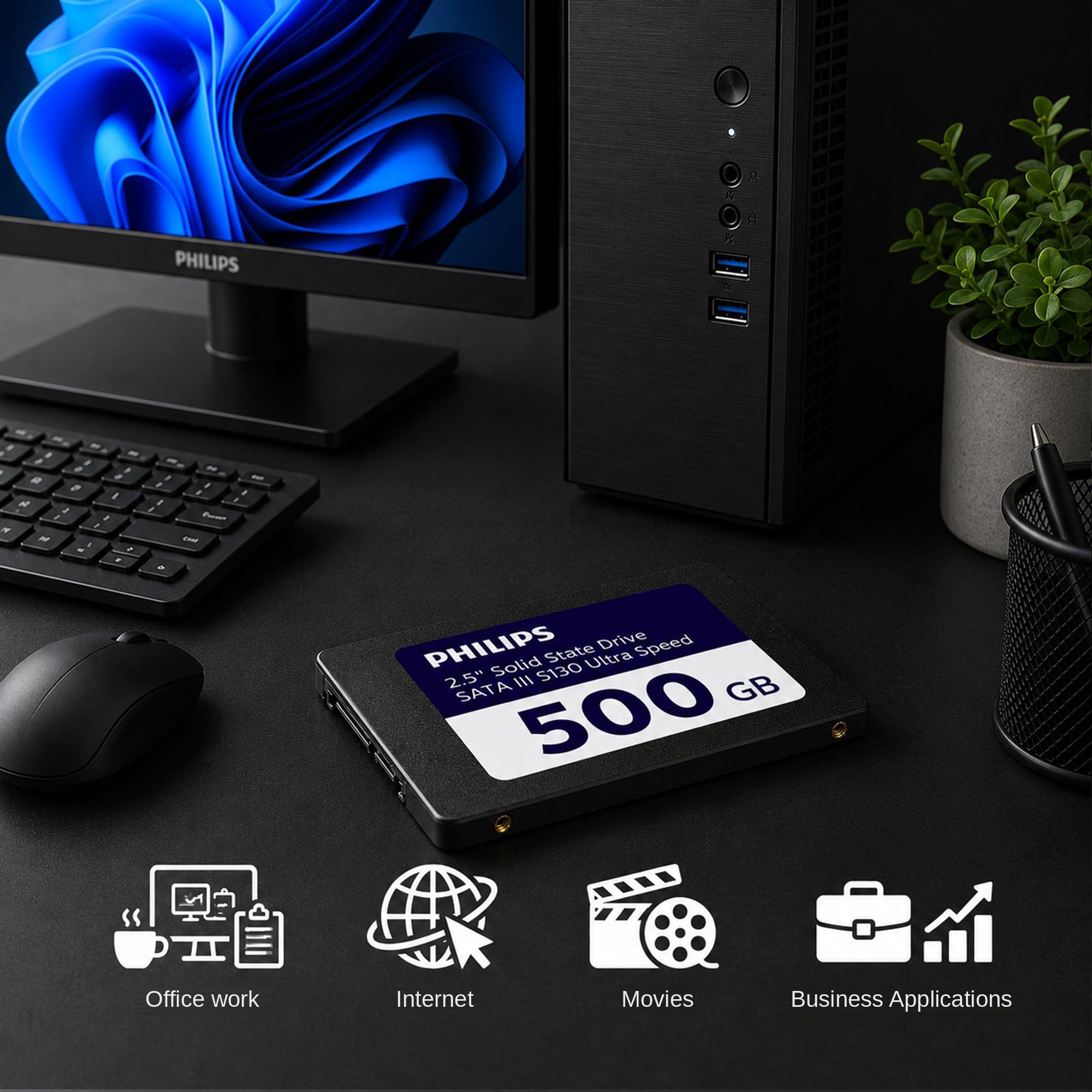 Philips SSD Interno de 2,5 Pulgadas, SATA III, 500 GB, S130 Ultra Speed, Velocidad de Lectura de hasta 550 MB/s