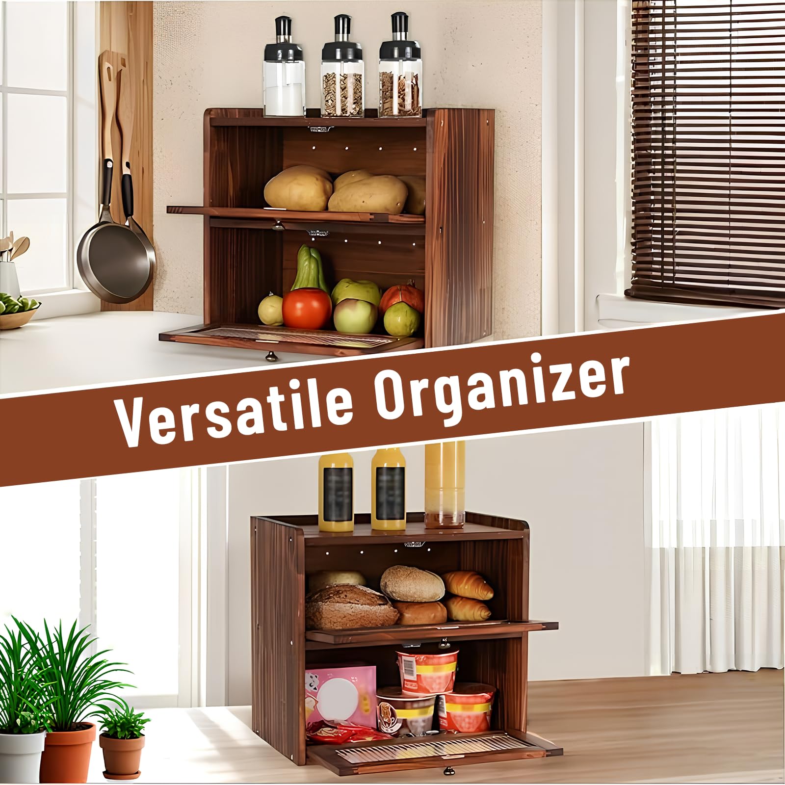 Portapane in Legno,Contenitore per Pane a Doppio Strato per Conservazione di Alimenti di Grande Capacità da Cucina e Panetteria,Cassetta per il Pane Salva Aroma in Legno,36.5*24*34cm (Marrone)