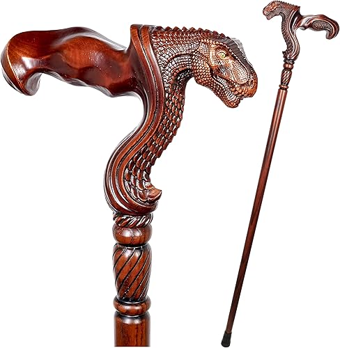 GC-Artis - Bastón de madera con cabeza de dragón de dinosaurio T-rex tallada en madera, mango ergonómico de agarre de palma para hombres y mujeres