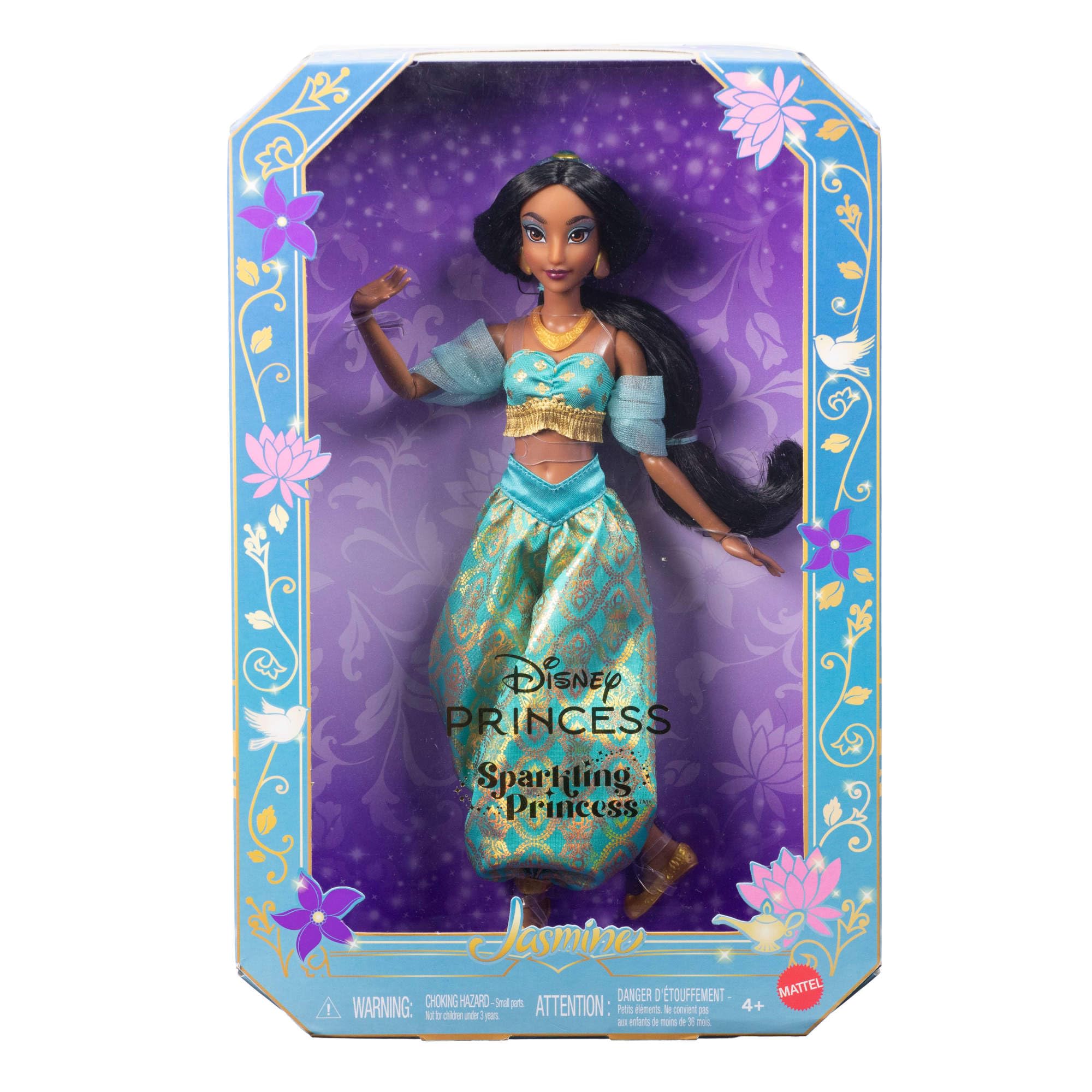 Mattel Disney Princesas Sparkling Princess Jasmine Muñeca y Accesorios con Ropa, Zapatos, Collar y Pendientes de Quita y pon, Inspirada en la película, JMP63