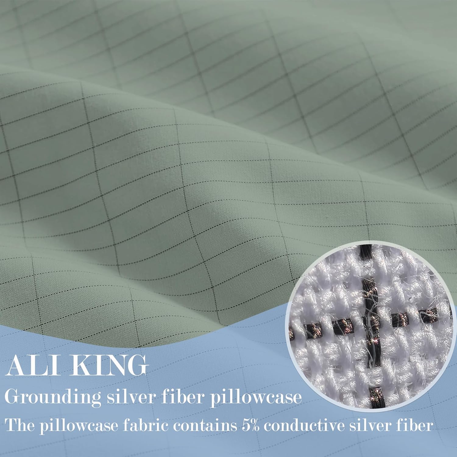 Ali King Grounding Pillowcase, 5% Conductive Silver + 95% Soft Cotton King Size Earth Grounding Pillow Cases with Grounding Cord for Improve Sleep (Green, King (20x36inches)) - Image 3