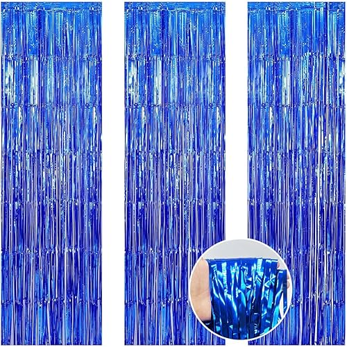 MEHOFOND Paquete de 3 cortinas de flecos de papel de aluminio azul rey de 3.3 x 6.6 pies, decoración de fiesta, telón de fondo metálico con flecos