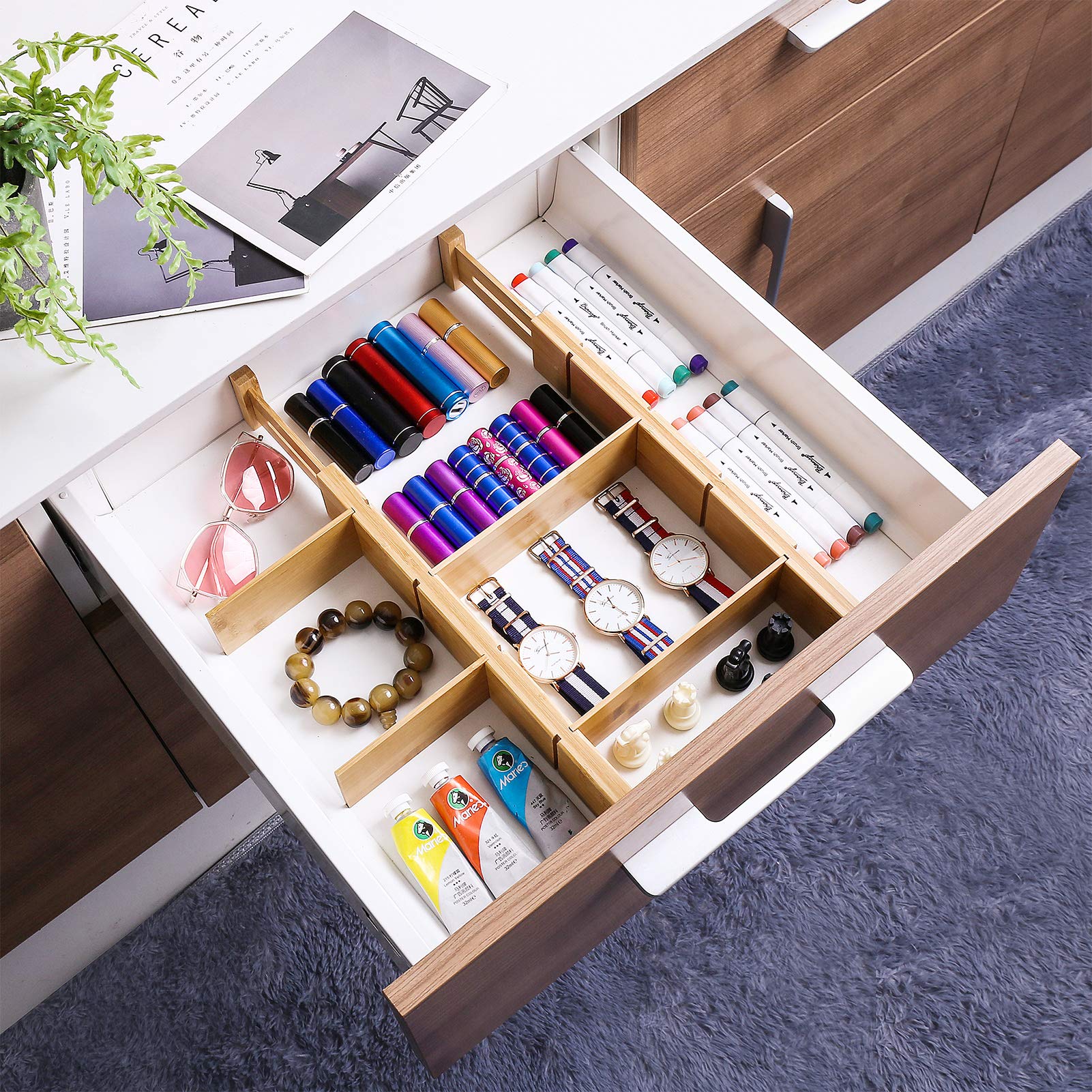 Bamboo Drawer Dividers System with 6 Inserts, Adjustable Drawer