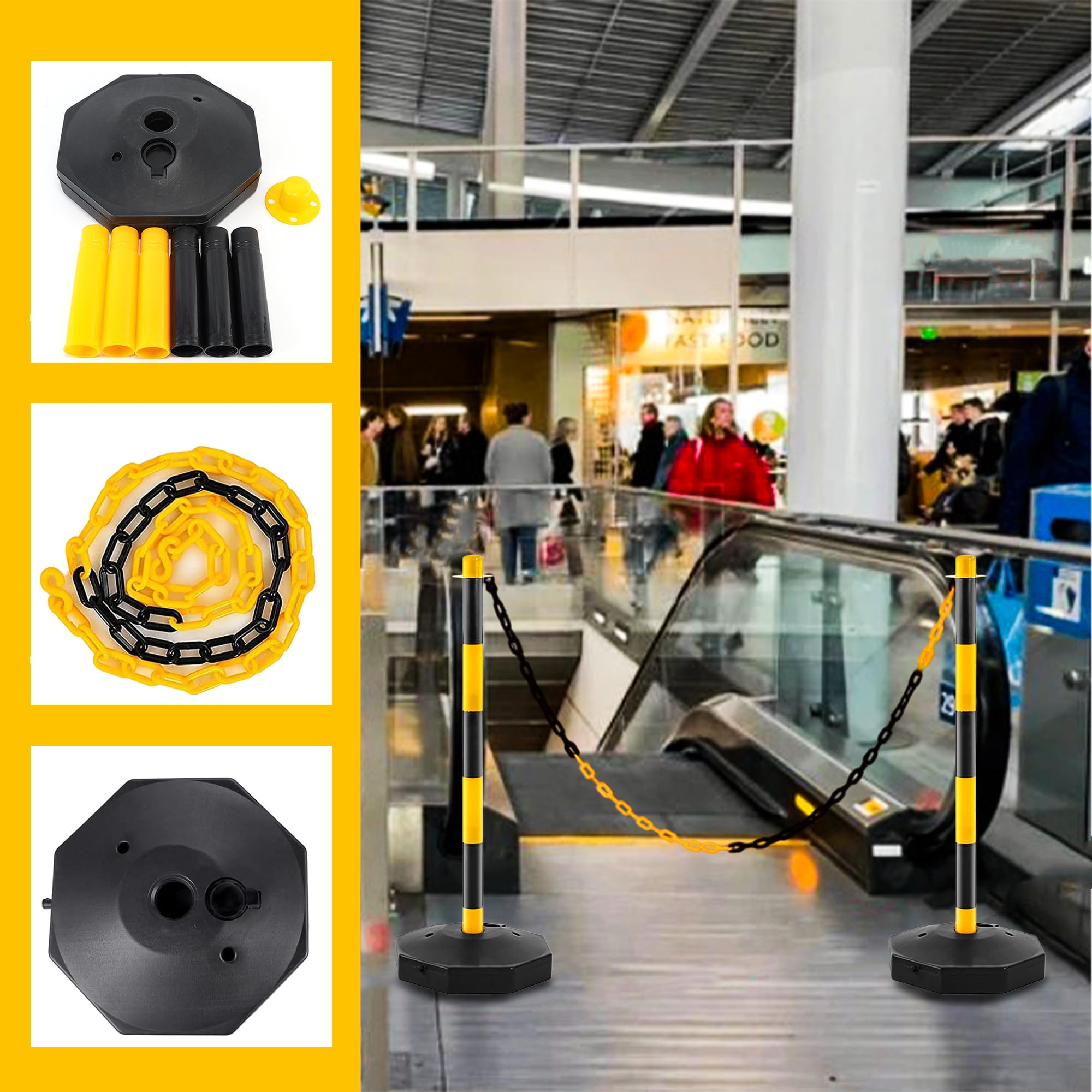 2 pali delineatori di sicurezza stradale – giallo e nero | Paletti barriera regolabili in altezza con base riempibile e catena in plastica da 2 metri | pali portatili per il controllo degli accessi e