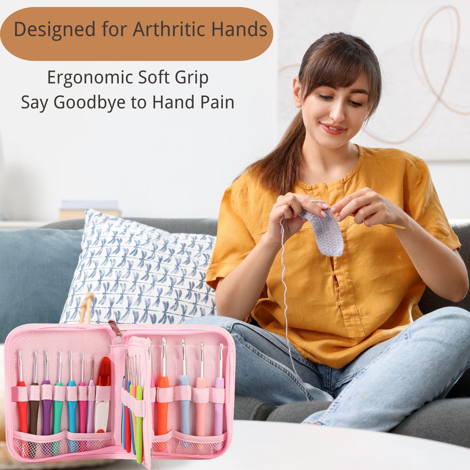 Blingcute Juego de 50 ganchos ergonómicos de ganchillo (0.6 mm-8.0 mm), ganchos de ganchillo para manos artríticas con accesorios de ganchillo, kit de agujas de ganchillo de metal con bolsa rosa para