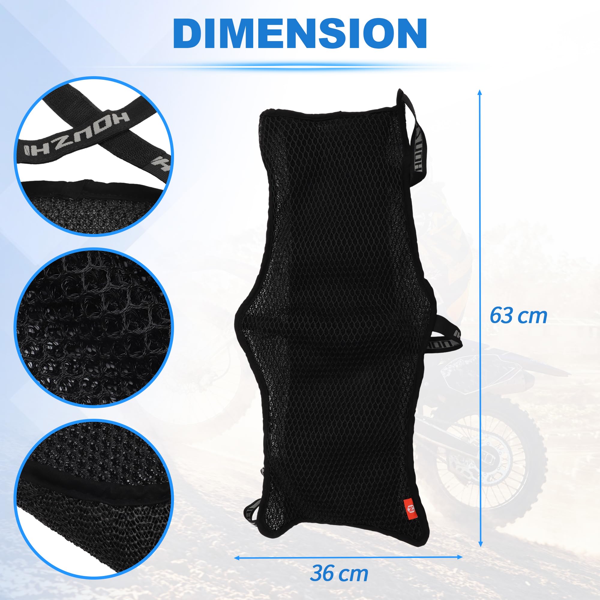 Universal Cuscino Sella Moto Nero fibre Poliestere (Tessuto 3D Mesh) Rete Antiscivolo Lunghezza 63 cm Larghezza 36 cm 1 Pezzo