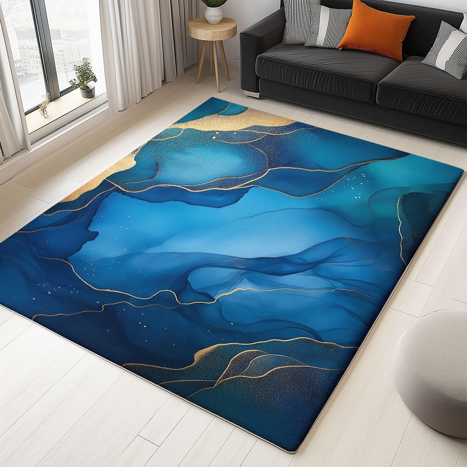 Niebieski dywan można prać w pralce, 180 x 240 cm, nowoczesny marmurowy design, antybakteryjna i antypoślizgowa, odporna na plamy podstawa, idealny do salonu, sypialni i biura