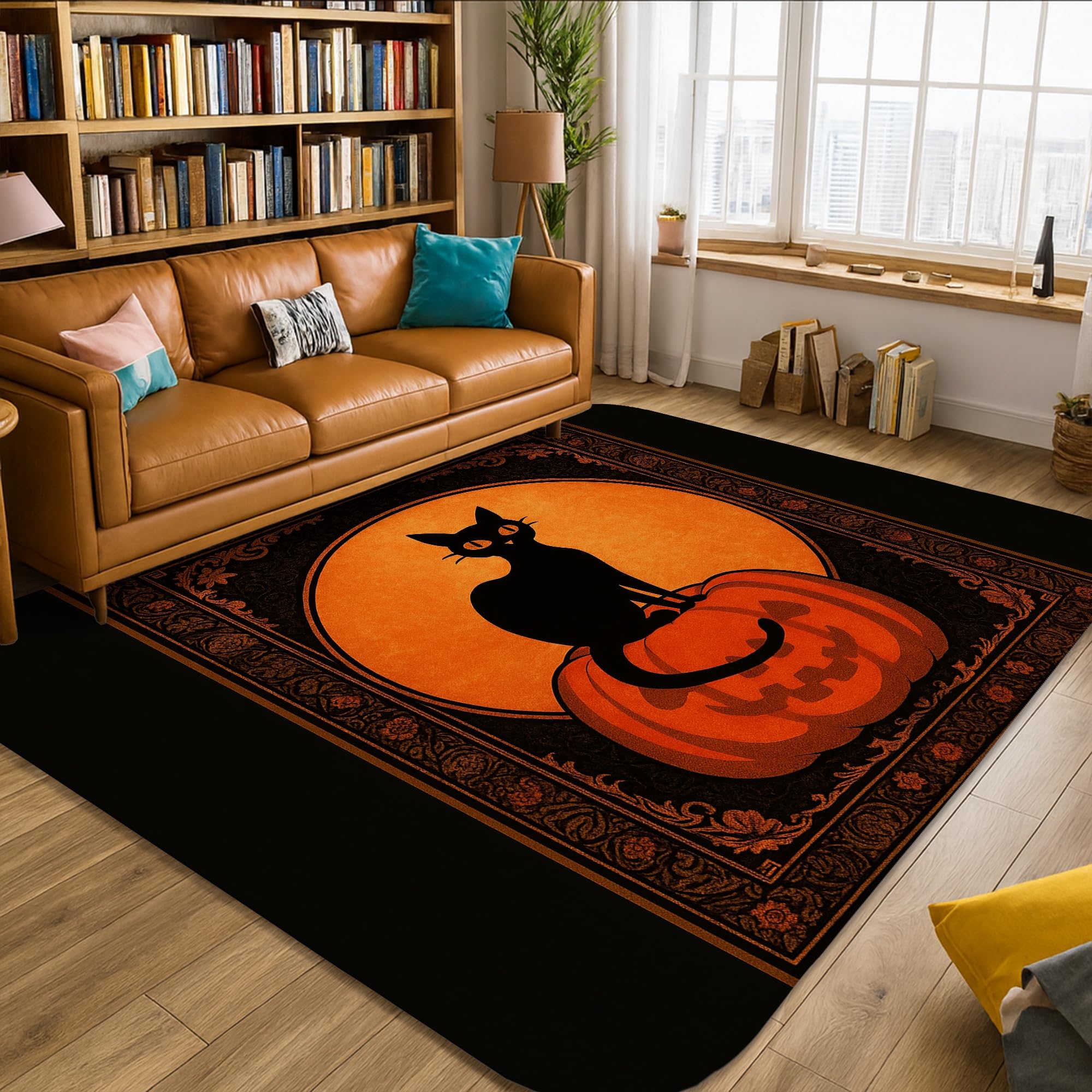 Tapis chat Halloween gothique citrouille lune noir mousse rectangulaire