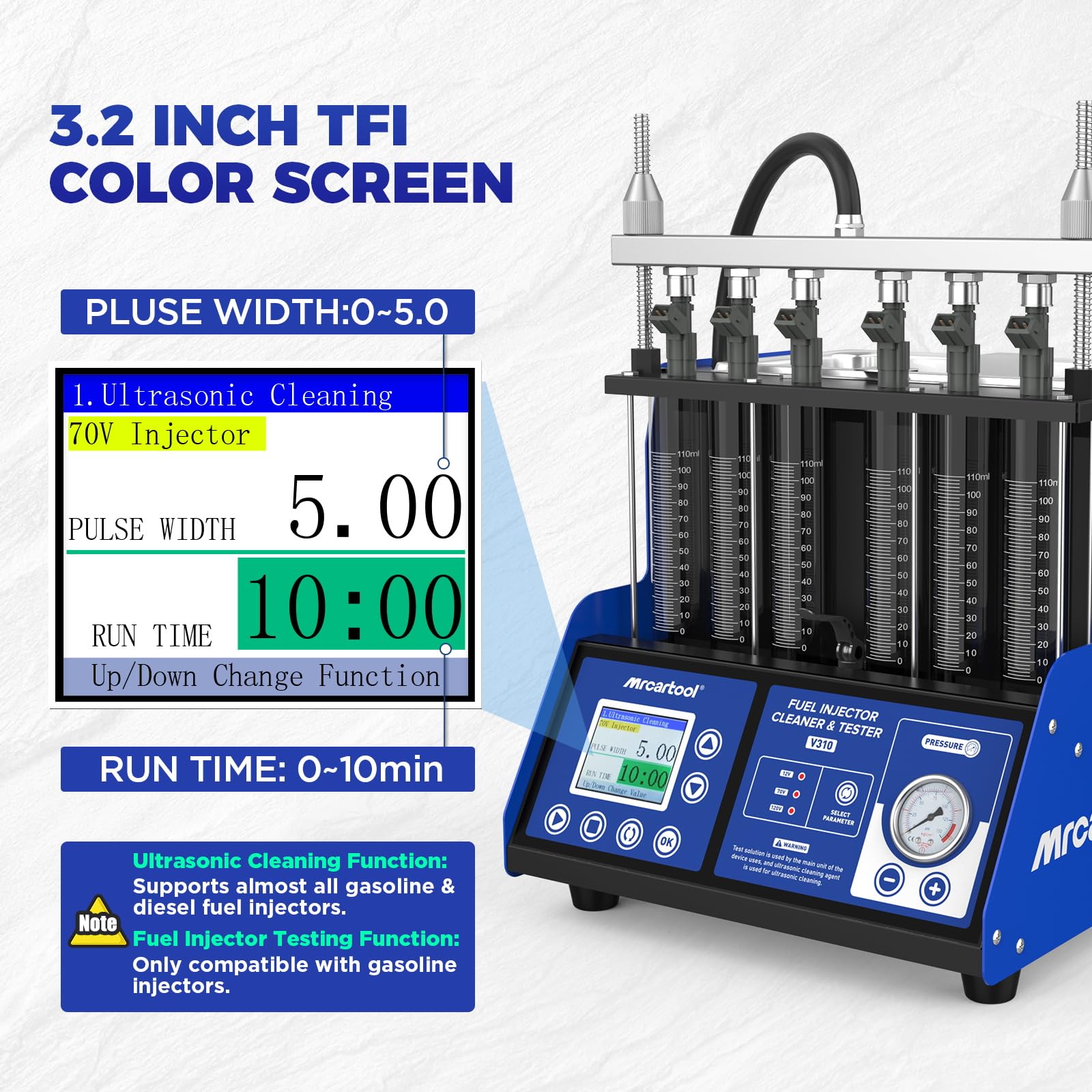 MR CARTOOL V310 Equipo Limpiador y Probador de Inyectores de Combustible, Kit de Limpieza Ultrasónica 110V/220V con 6 Cilindros para Inyectores Estándar GDI/EFI/FSI de Diésel y Gasolina