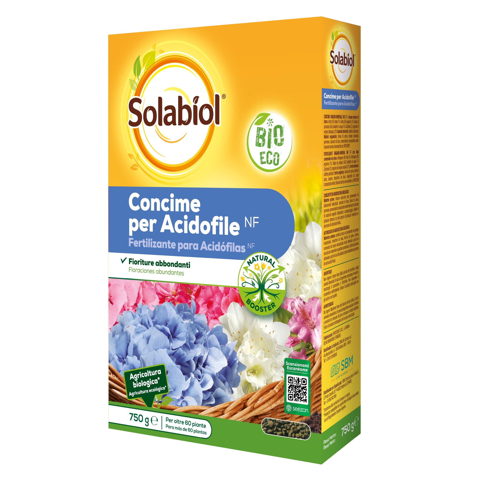 Solabiol Concime Biologico Granulare Acidofile con Tecnologia Natural Booster per favorire lo sviluppo dell’apparato radicale e avere fino al 100% di fioriture in più. 750g
