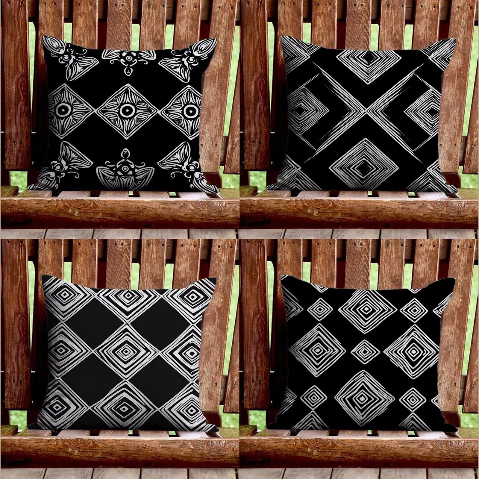 Cojines de terciopelo impermeable para exteriores, 50 x 50 cm, fundas de almohada geométricas en blanco y negro, paquete de 4 unidades decorativas para muebles de jardín y sofá de interior
